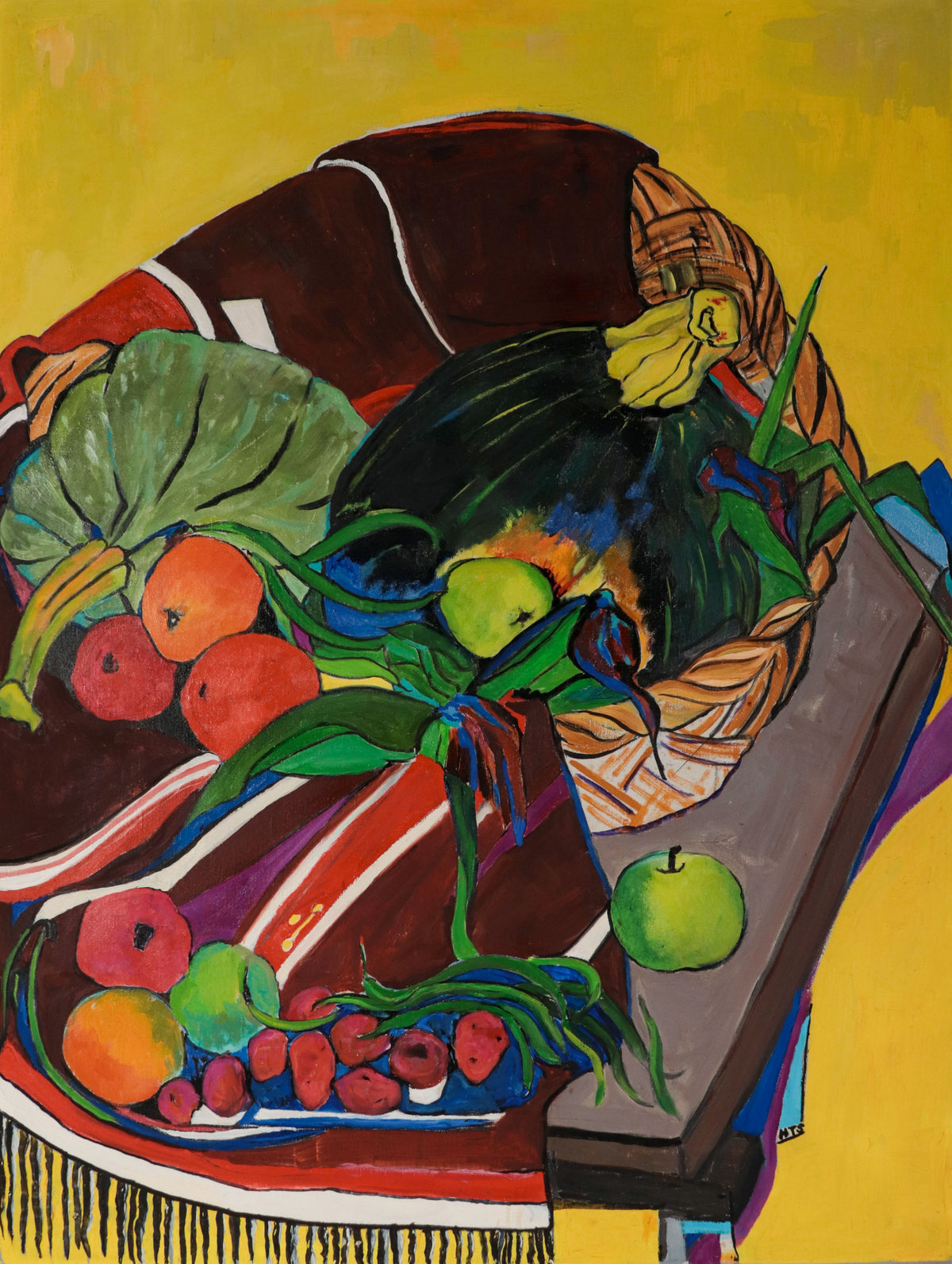 Still Life with Fruit &amp; Fabric <br>20th Century Oil <br><br>#D0951
