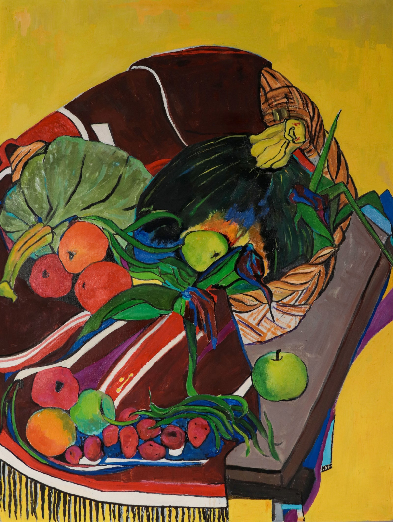 Still Life with Fruit & Fabric <br>20th Century Oil <br><br>#D0951