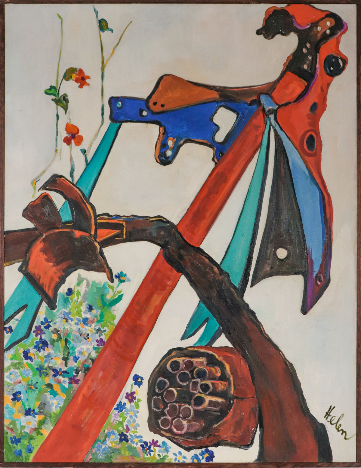 Machinery &amp; Flowers <br>1970 Oil <br><br>#D0952