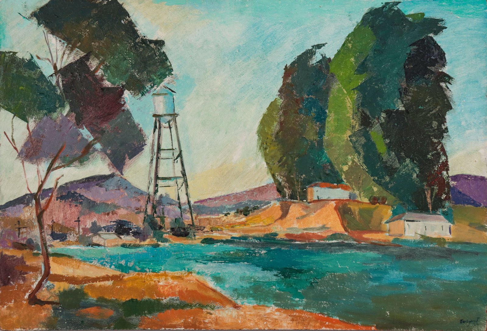 California Landscape with Watertower <br>1962 Oil <br><br>#D0957