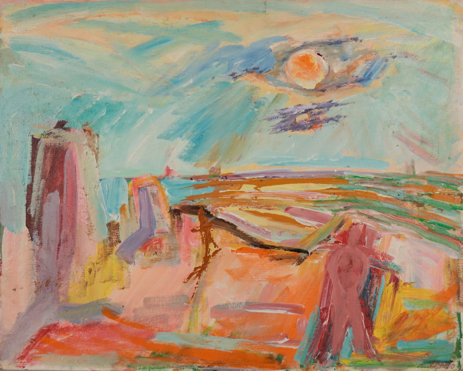 Colorful Abstracted Scene <br>1970 Oil <br><br>#D0958