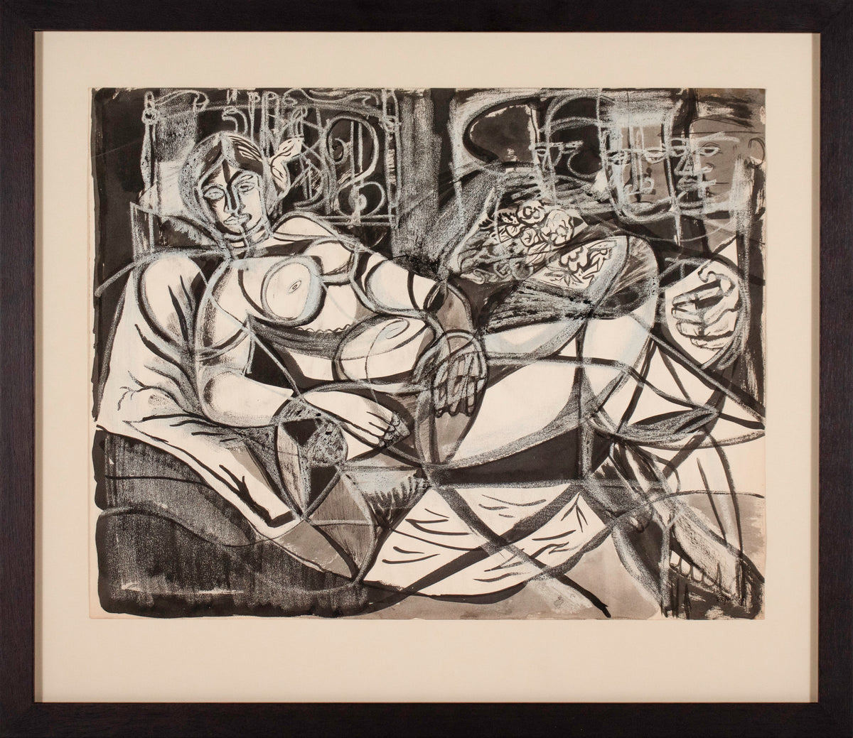 Monochromatic Cubist Figure <br>1930s Ink & Pastel <br><br>#D1174