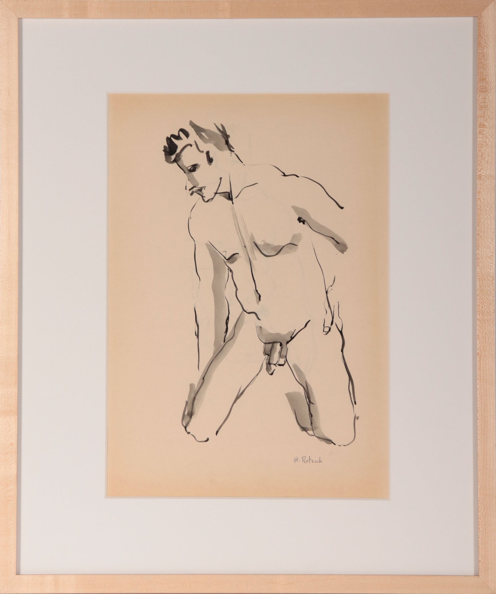 Kneeling Male Nude <br>Late 20th Century Ink <br><br>#D1266