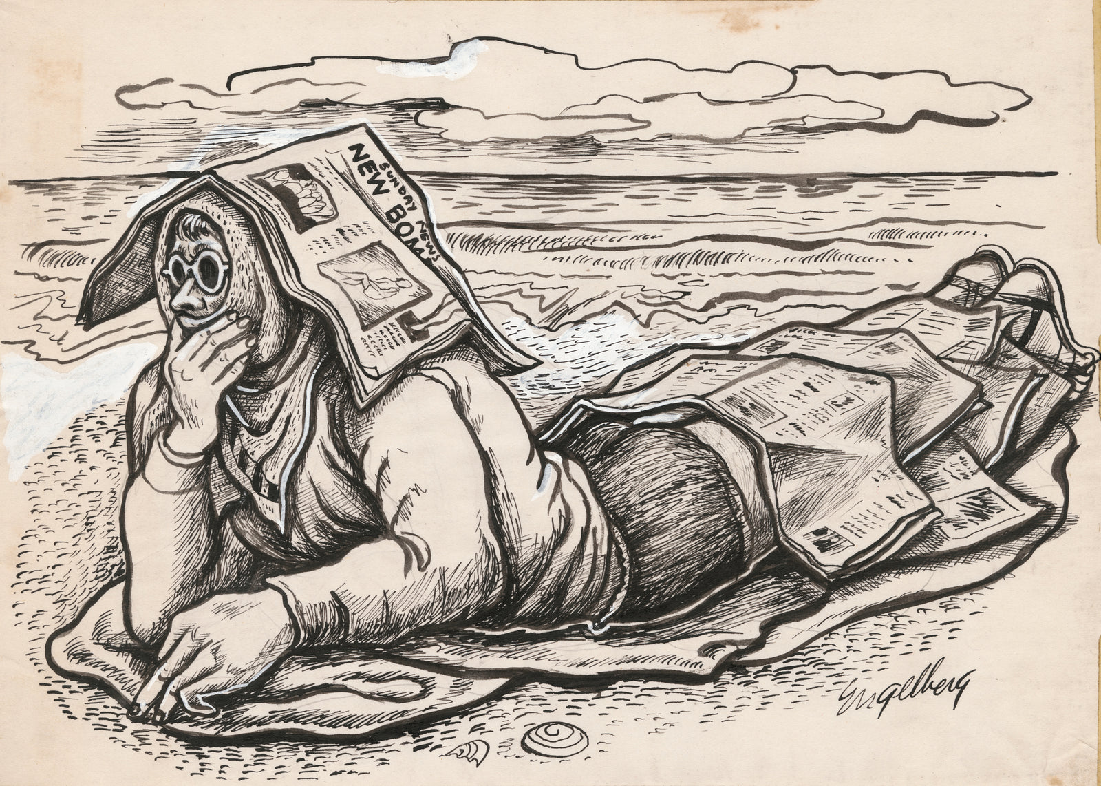 Bundled at the Beach <br>1930's Ink and Gouache <br><br>#E011