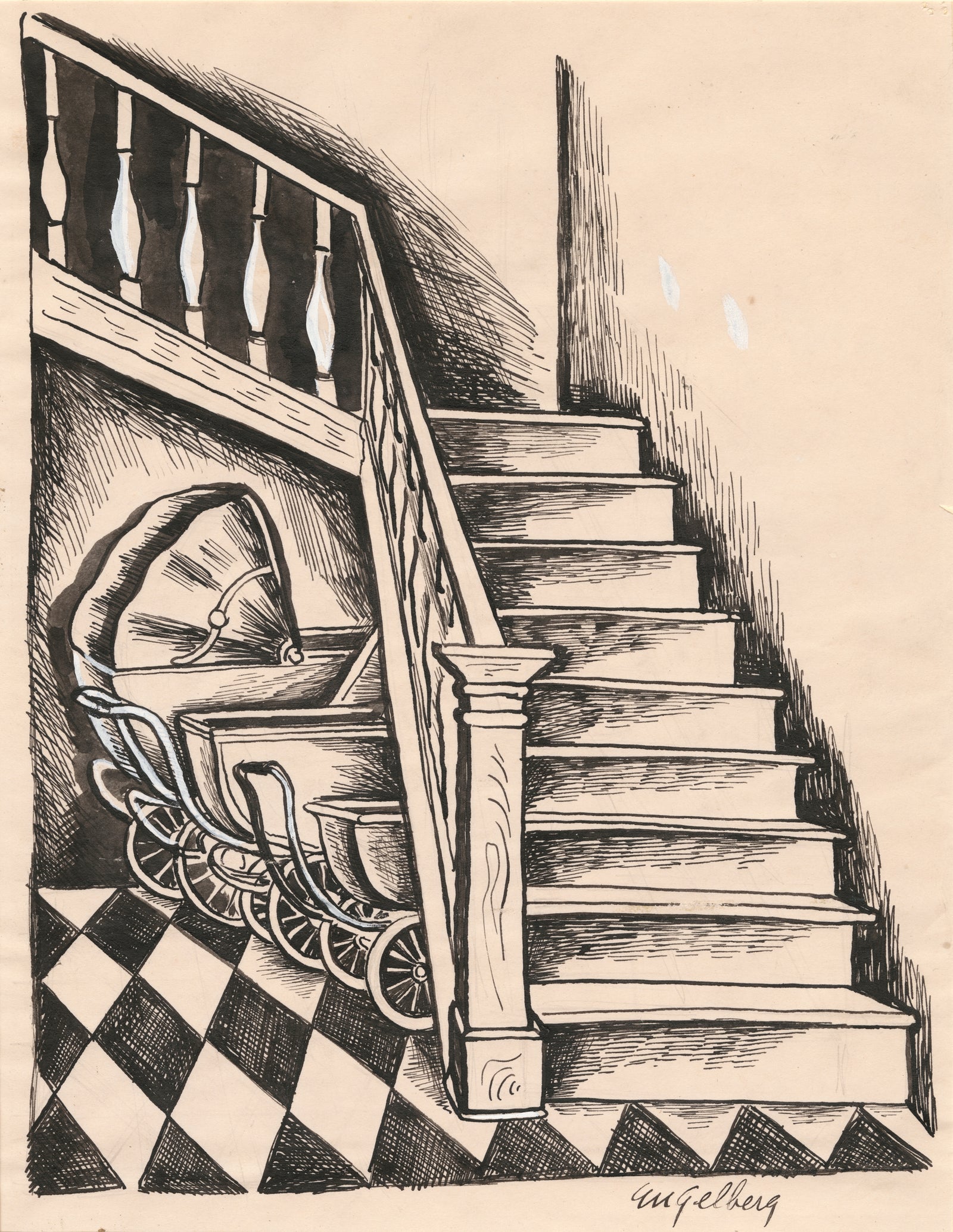 Carriages Under the Stairs <br>1930's Ink and Gouache <br><br>#E018