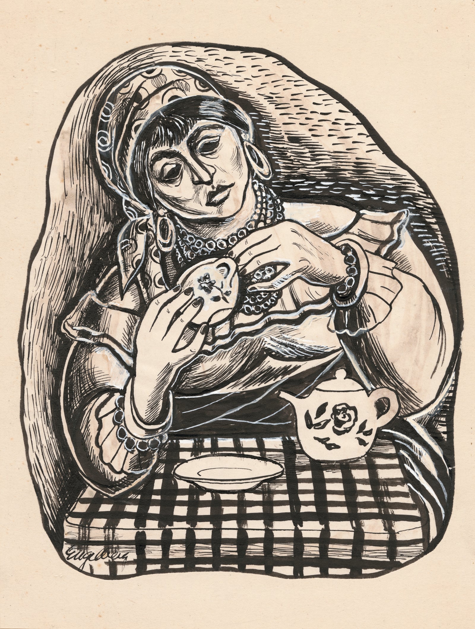 Tea Time <br>1930's Ink and Gouache <br><br>#E019