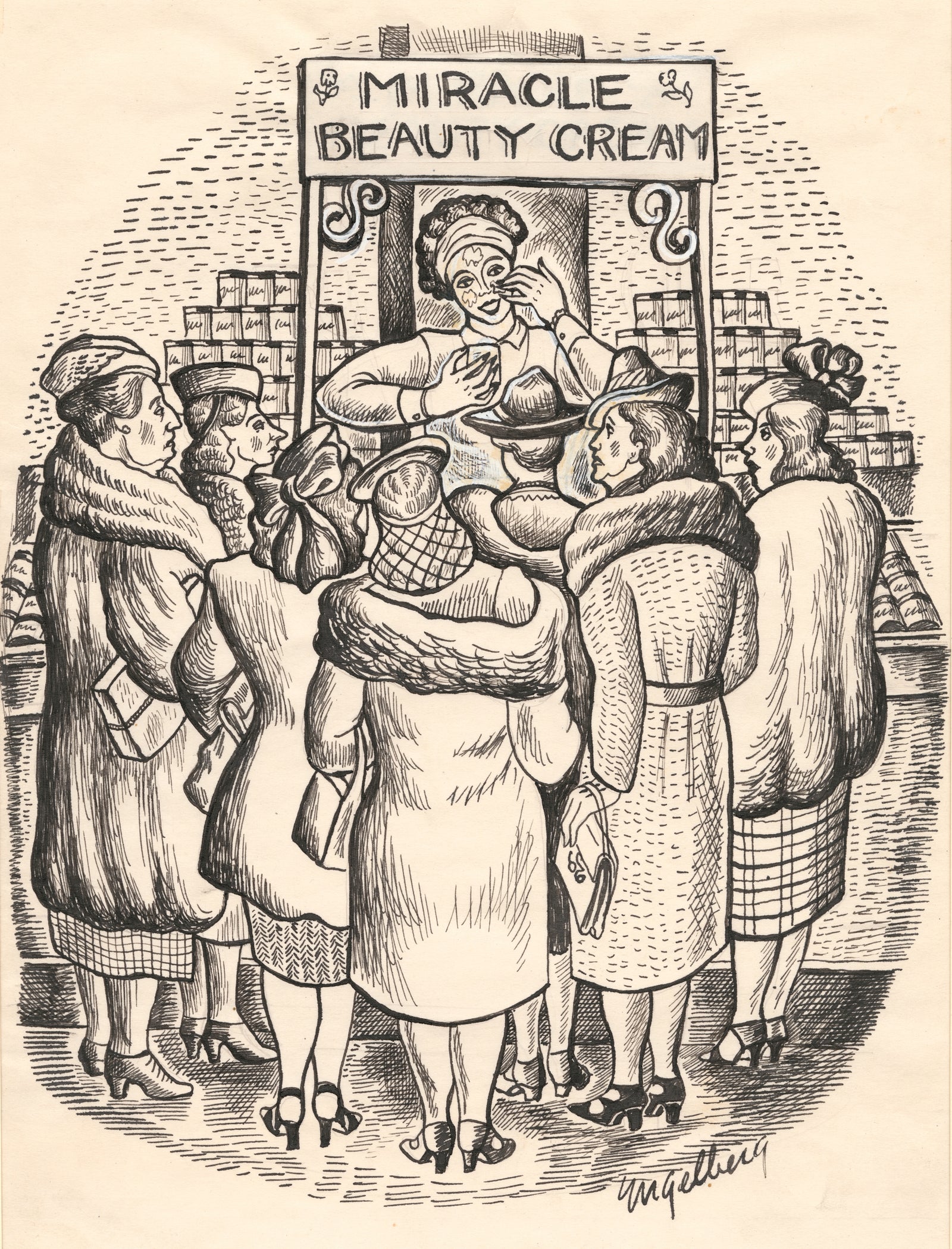 Miracle Beauty Cream <br>1930's Ink and Gouache <br><br>#E022