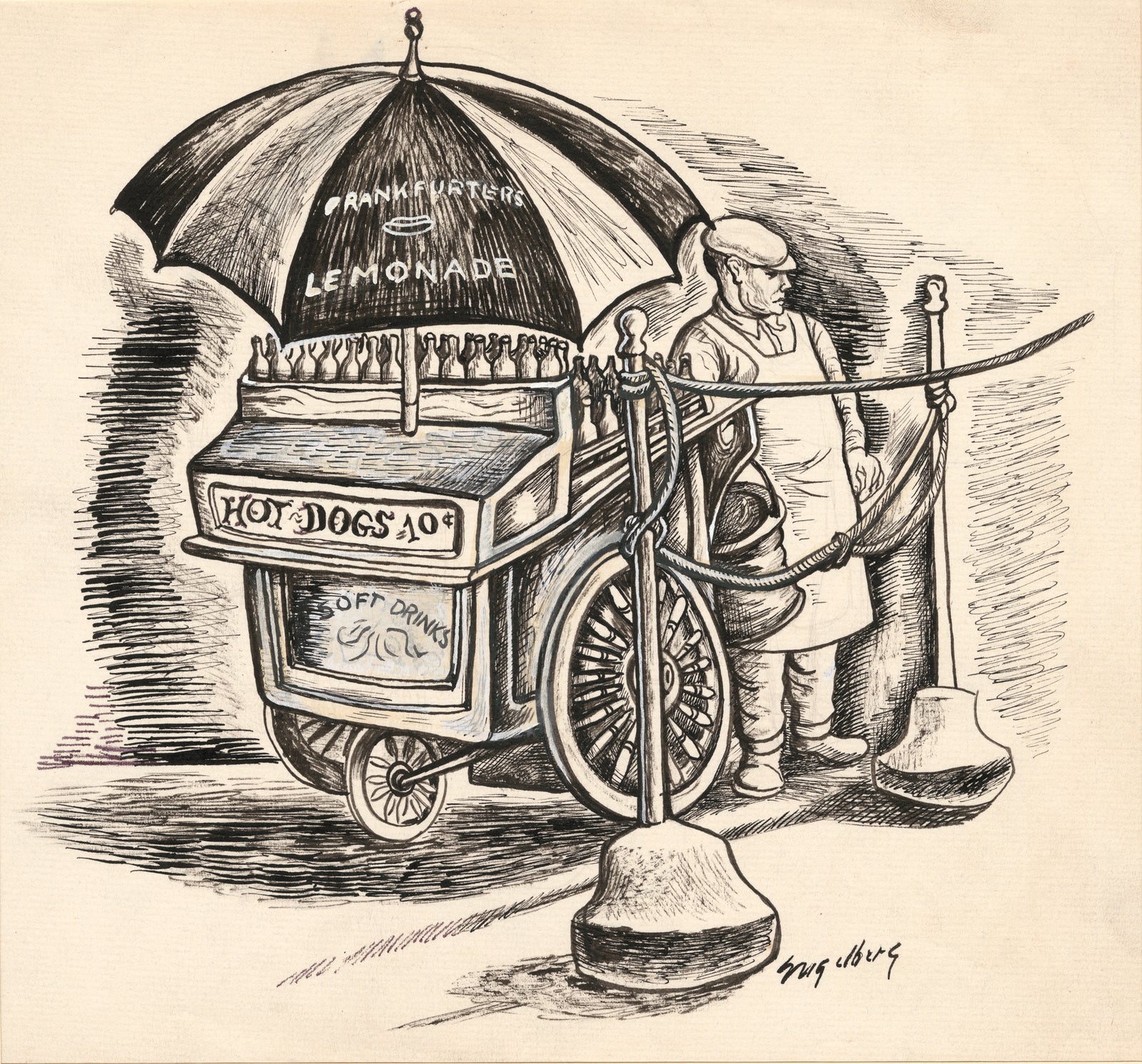 Hot Dog Cart New Yorker Illustration <br>1930's Ink & Gouache <br><br>#E030