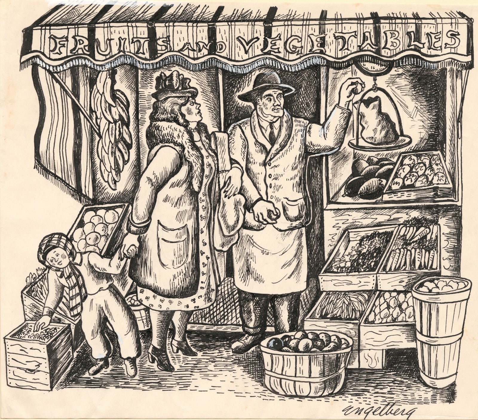 Corner Grocery Scene <br>1930's Ink & Gouache <br><br>#E032