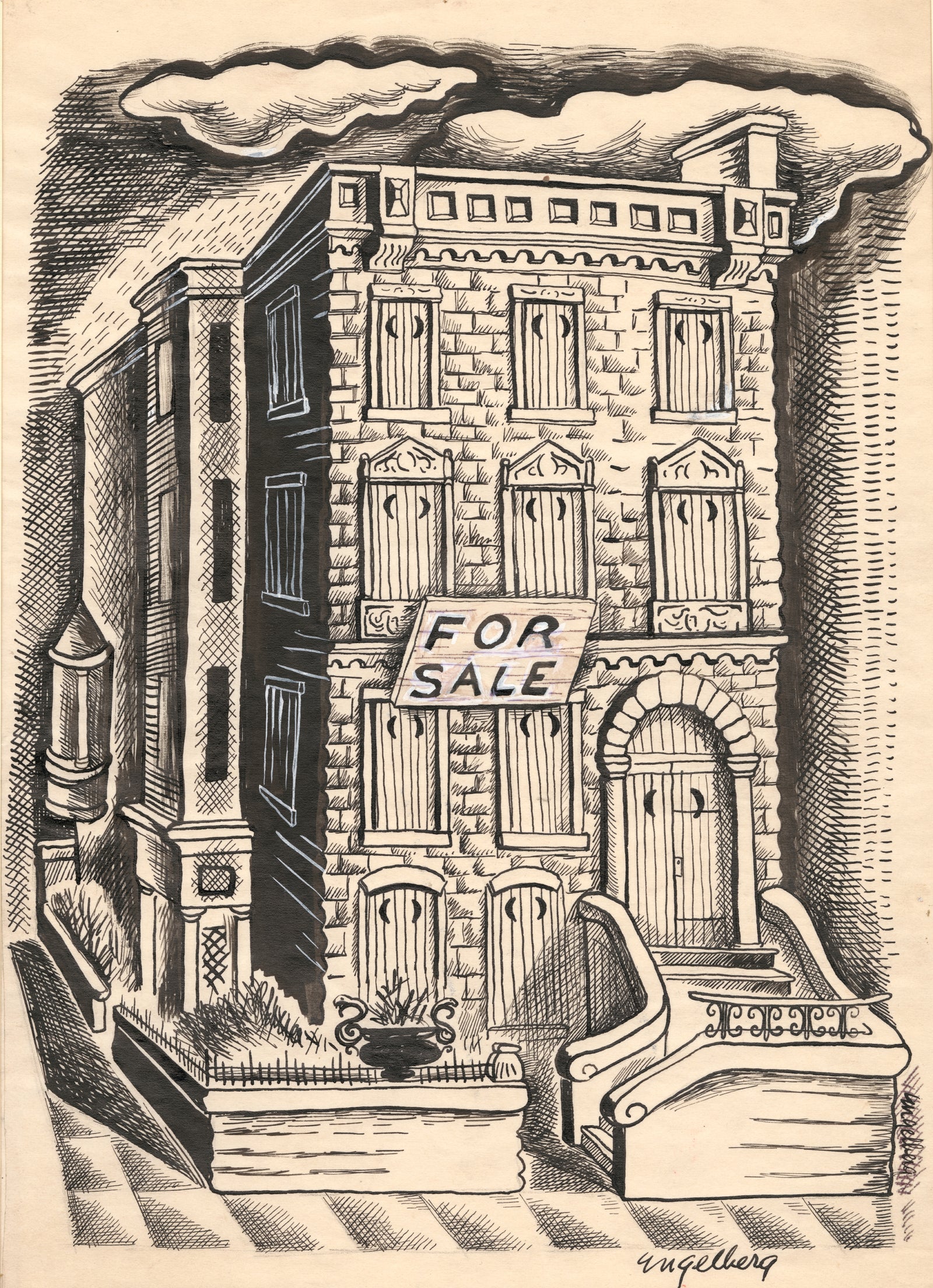 1930's New York Apartment Building For Sale <br>1930's Ink & Gouache <br><br>#E035