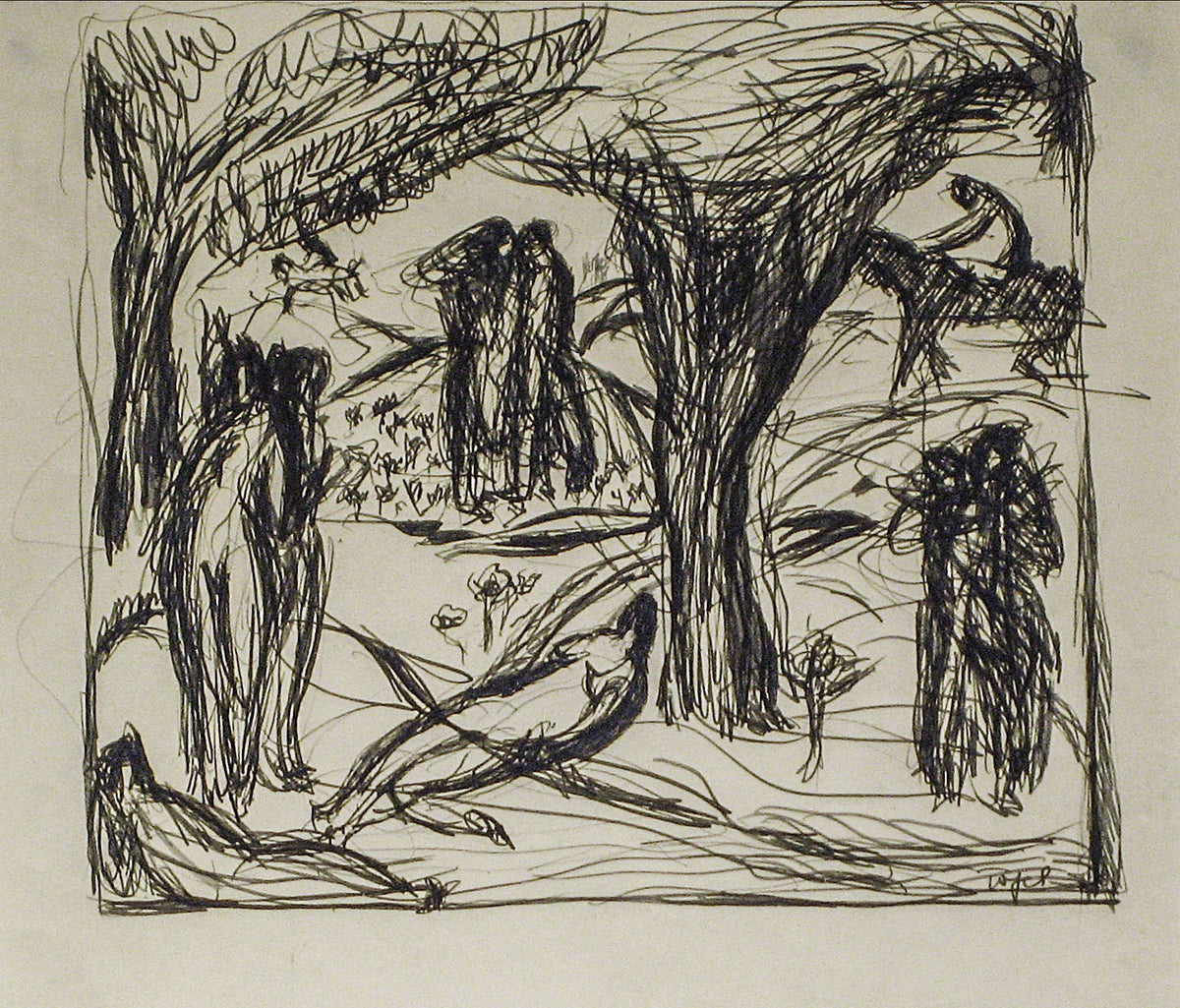 Expressionist Figure Scene <br>Early-Mid 20th Century Pen &amp; Ink <br><br>#11871