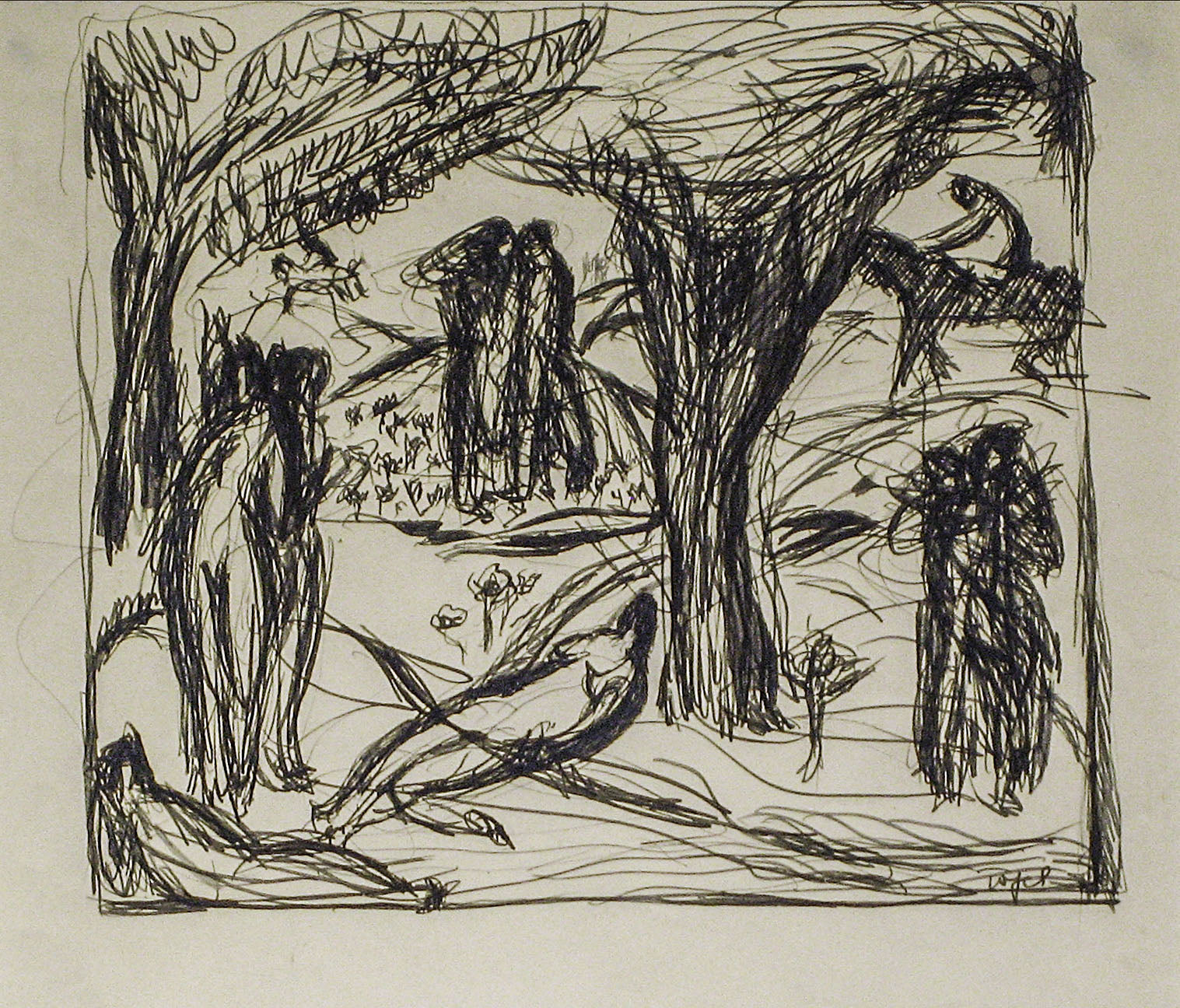 Expressionist Figure Scene <br>Early-Mid 20th Century Pen & Ink <br><br>#11871