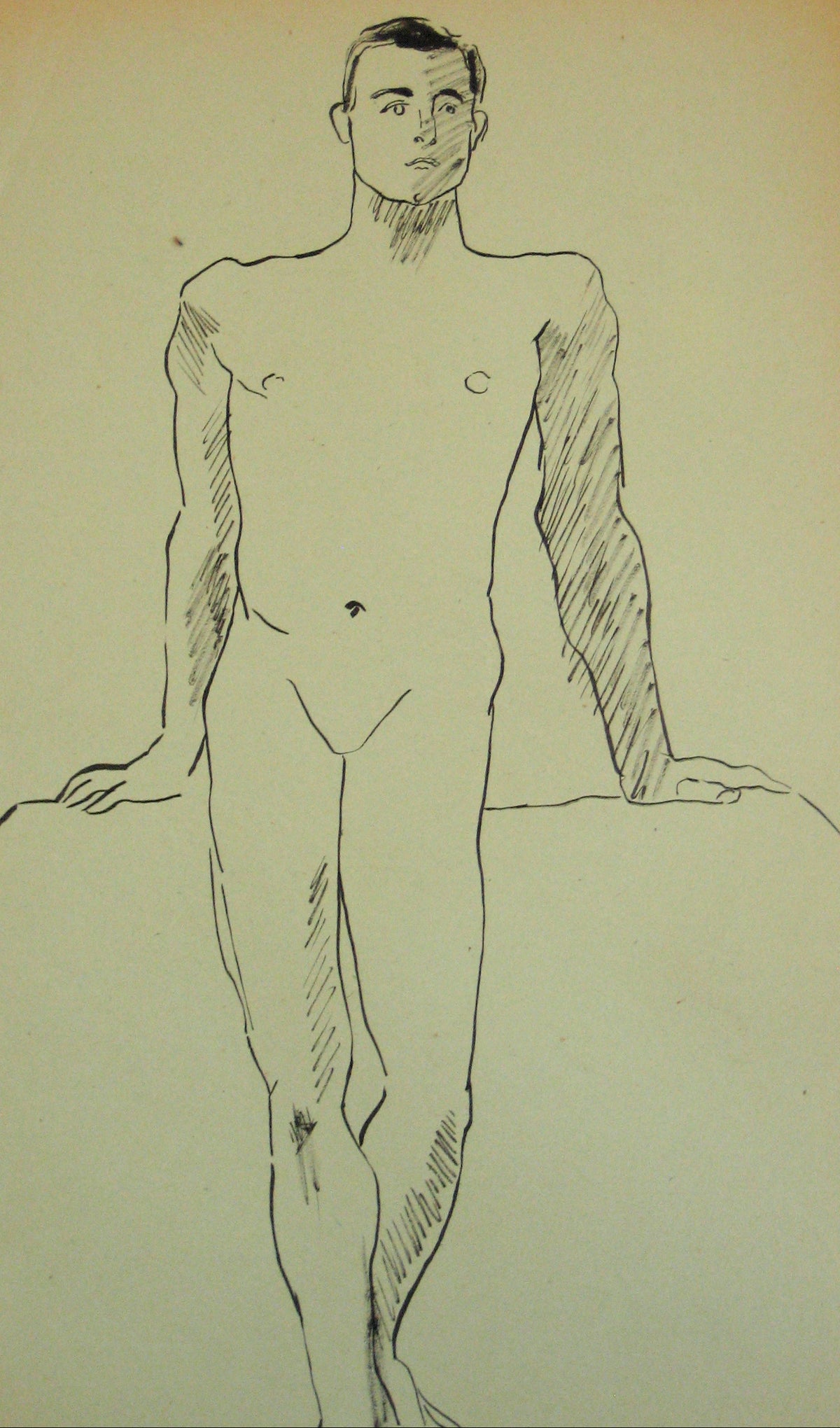 Standing Male Nude <br>1930-50s Ink Wash <br><br>#15938