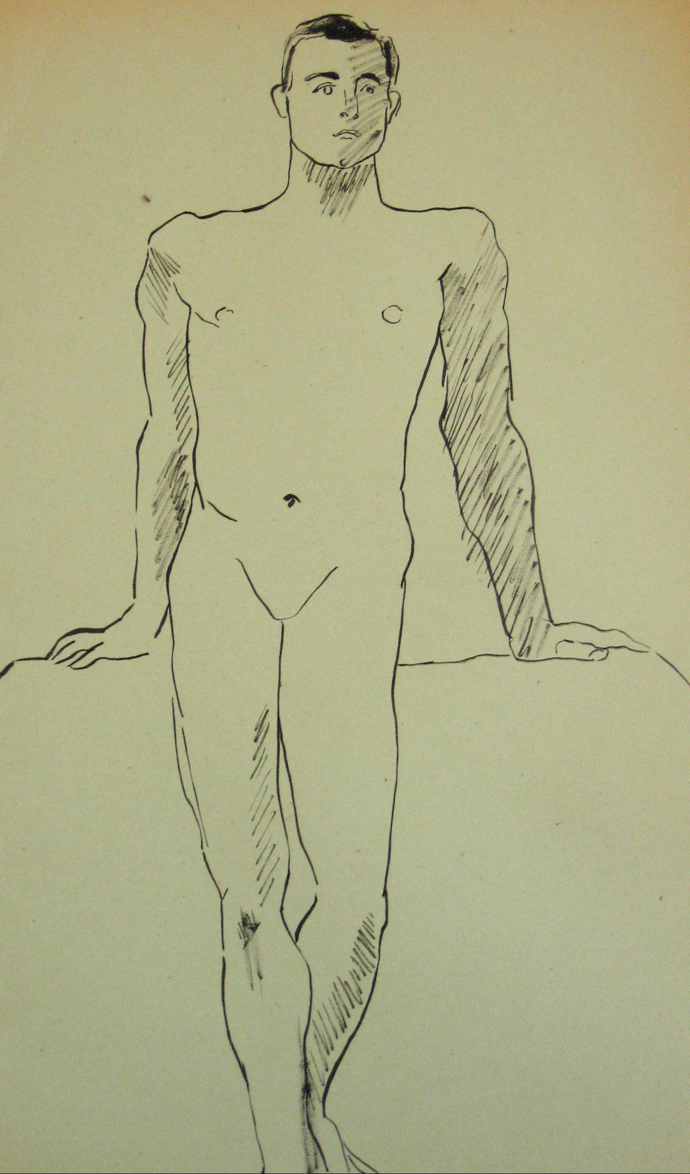 Standing Male Nude <br>1930-50s Ink Wash <br><br>#15938