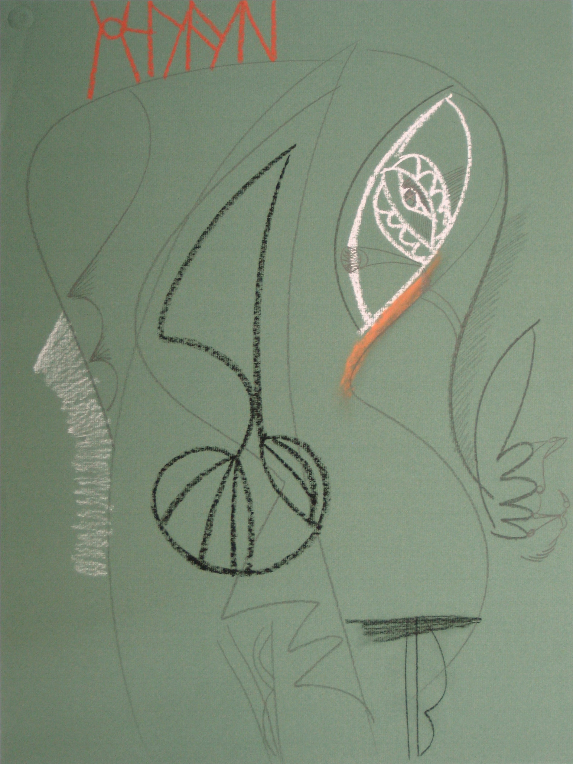 Mint Green Surrealist Abstract <br>20th Century Pastel and Graphite on Paper <br><br>#16967