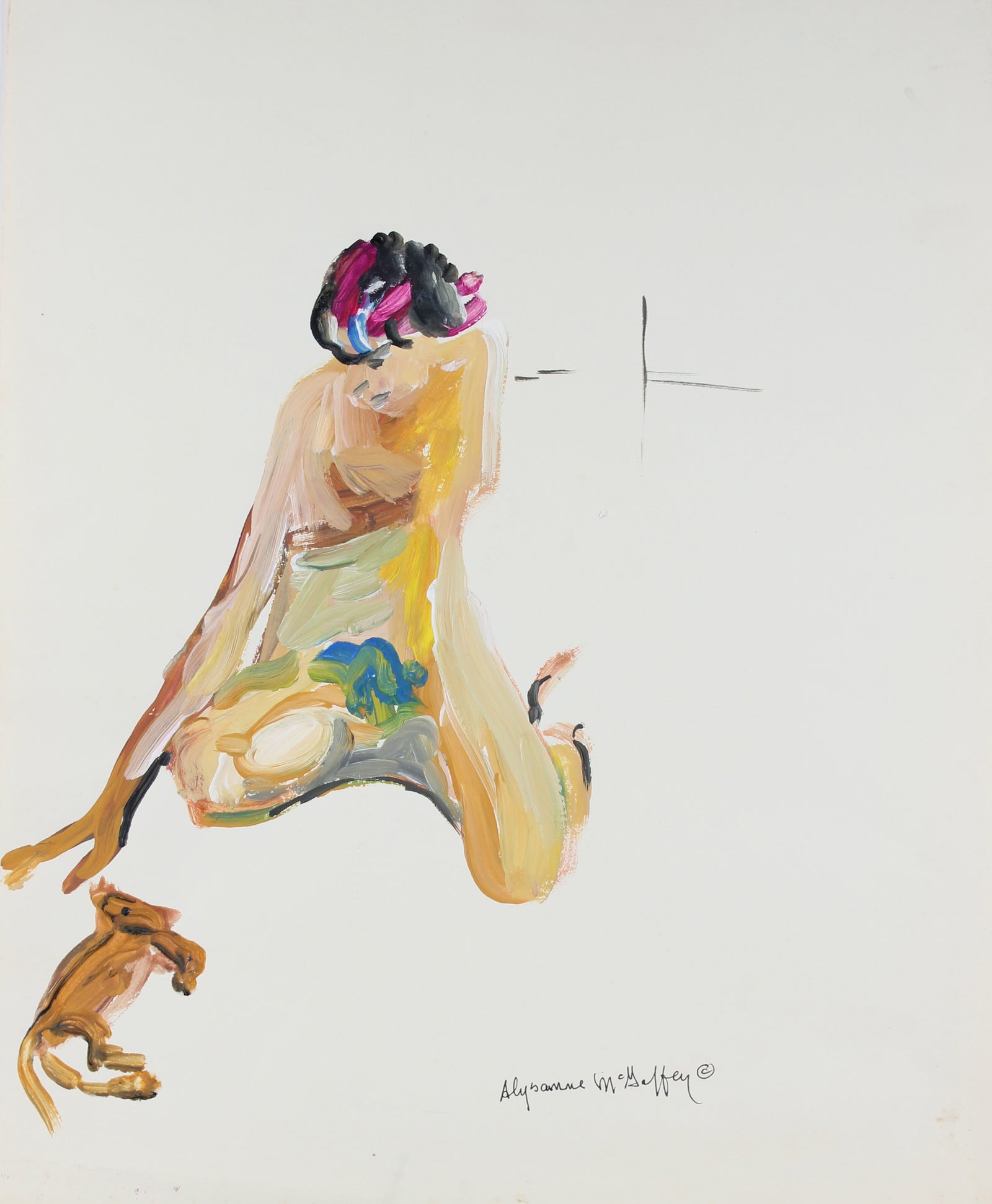 Bay Area Figurative Woman and Dog<br>Mid 20th Century Distemper<br><br>#23358