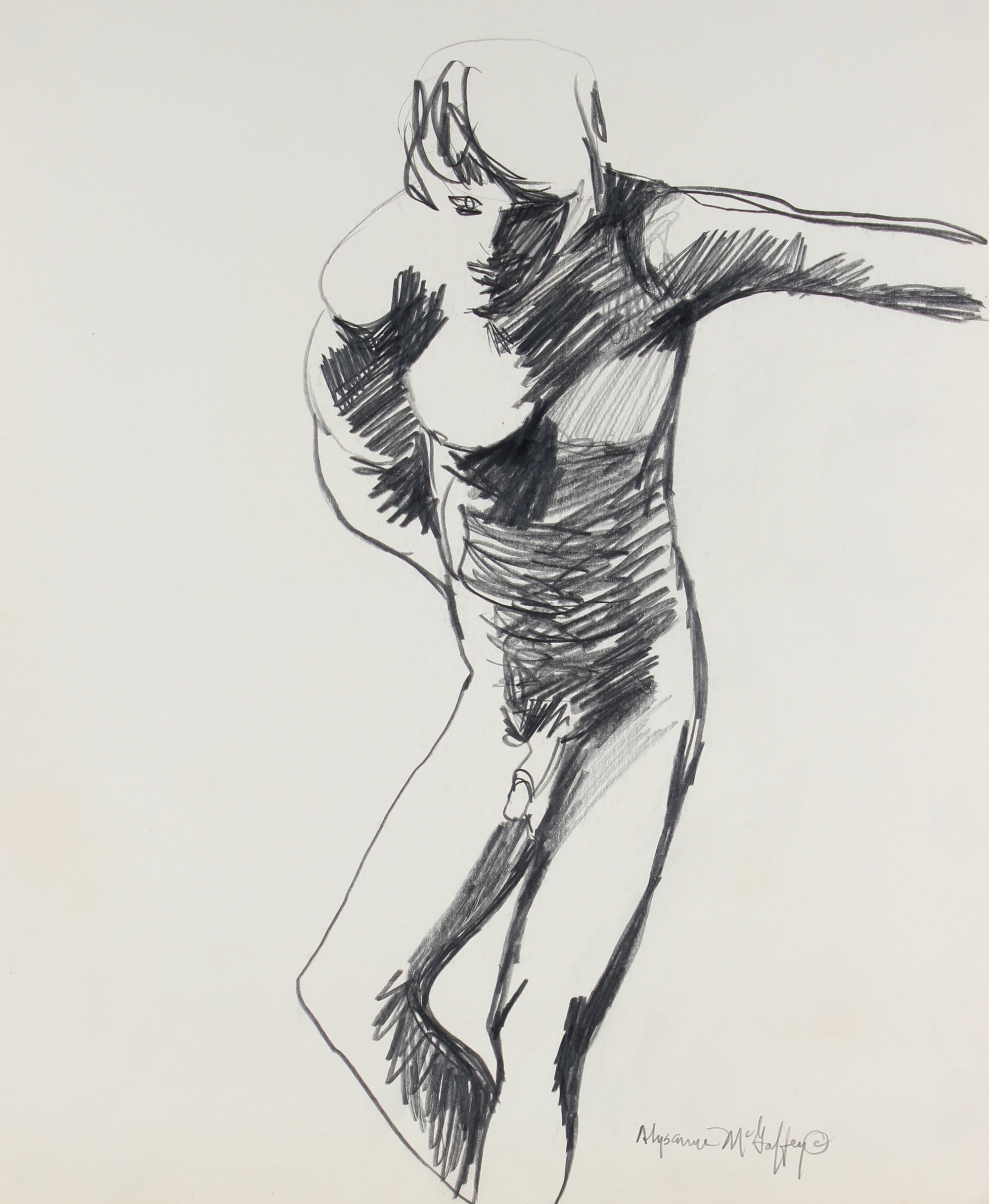 Dynamic Male Nude <br>1950-60s Charcoal & Graphite <br><br>#23411