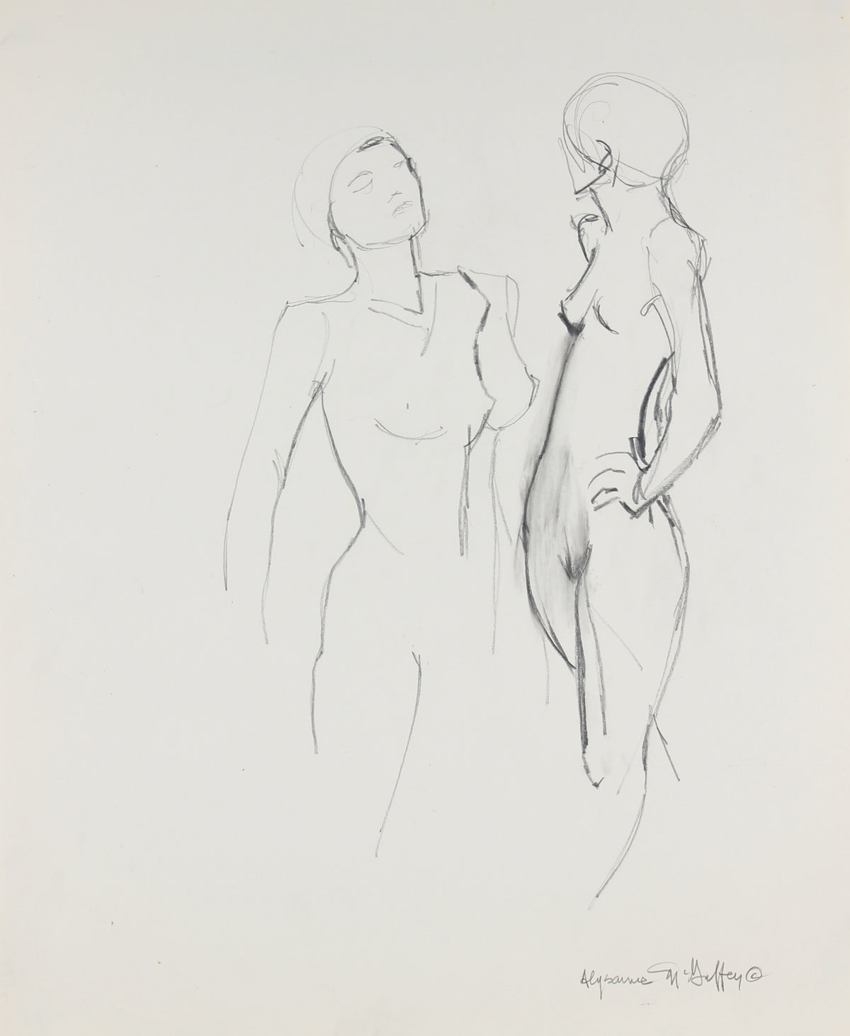 Pair of Female Figures &lt;br&gt;1950-60s Charcoal &lt;br&gt;&lt;br&gt;#23413