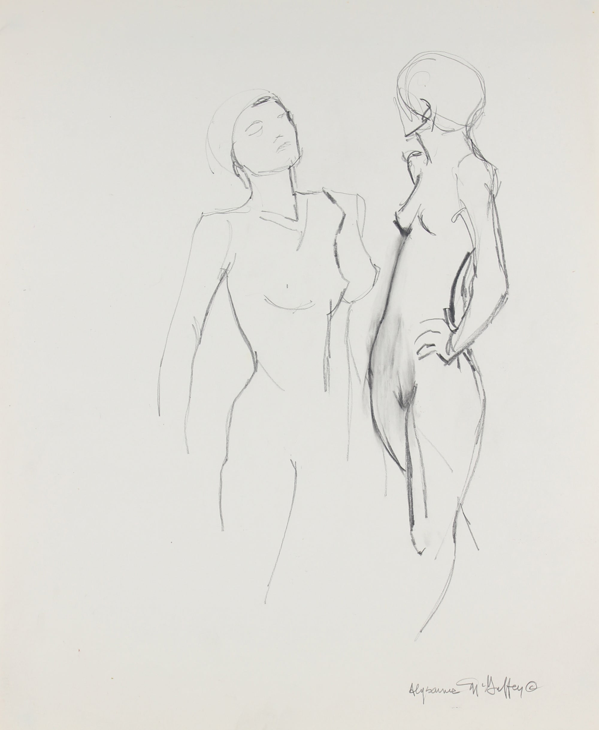 Pair of Female Figures <br>1950-60s Charcoal <br><br>#23413