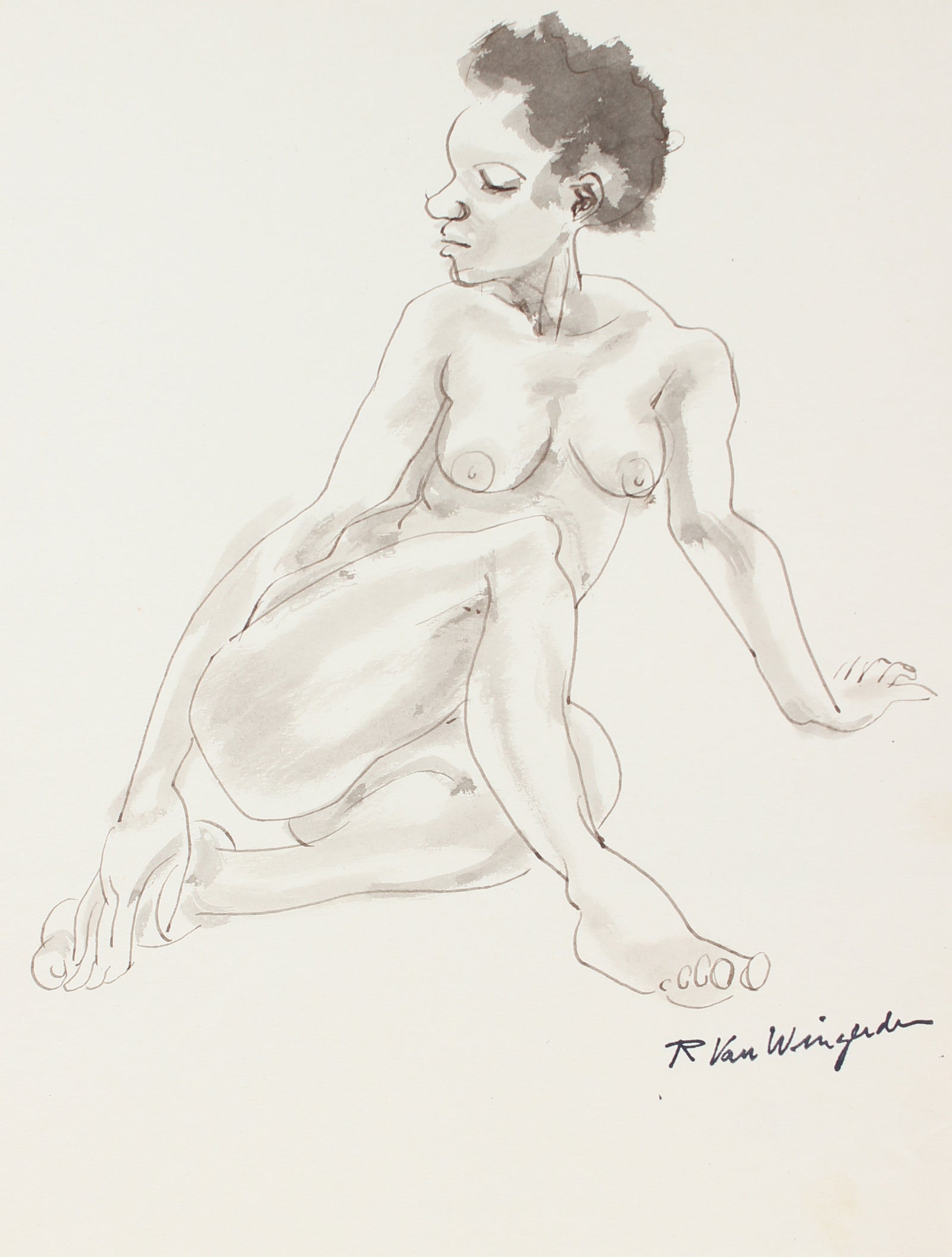 Expressionist Seated Female Nude <br>1940-50s Ink <br><br>#3845