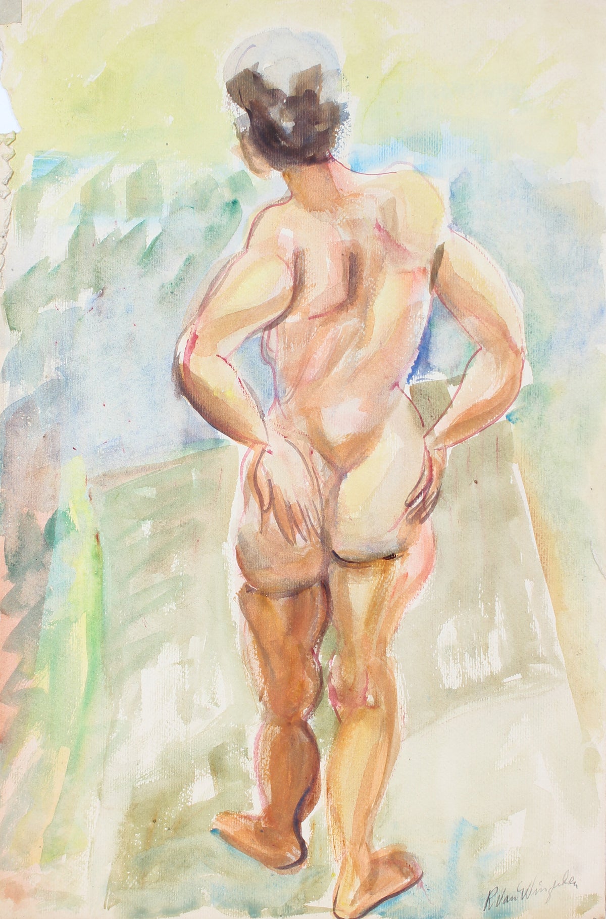 Expressionist Standing Nude Figure &lt;br&gt;1940-50s Watercolor &lt;br&gt;&lt;br&gt;#3857