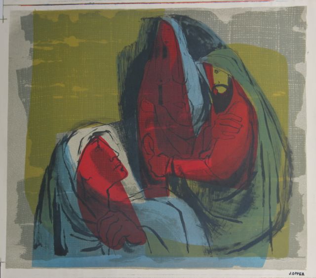 Colorful Depiction of Mary and Joseph &lt;br&gt;1940-50s Stone Lithograph &lt;br&gt;&lt;br&gt;#38874