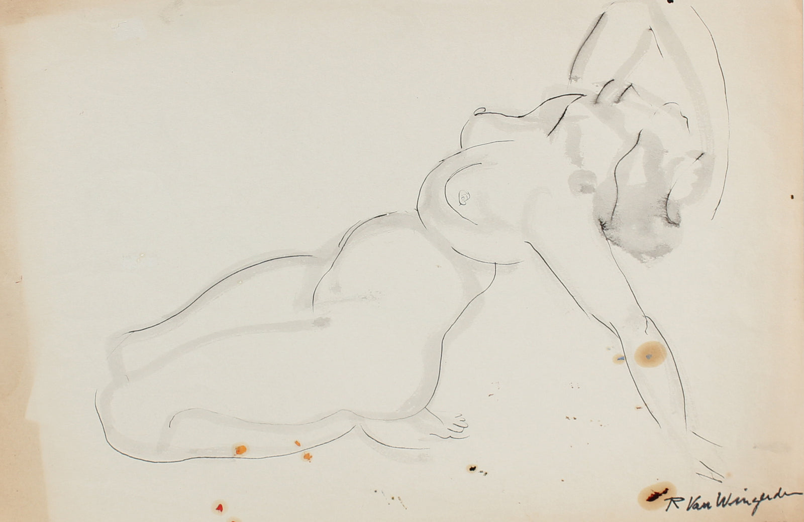 Expressionist Reclining Nude <br>1940-50s Ink and Watercolor<br><br>#3928