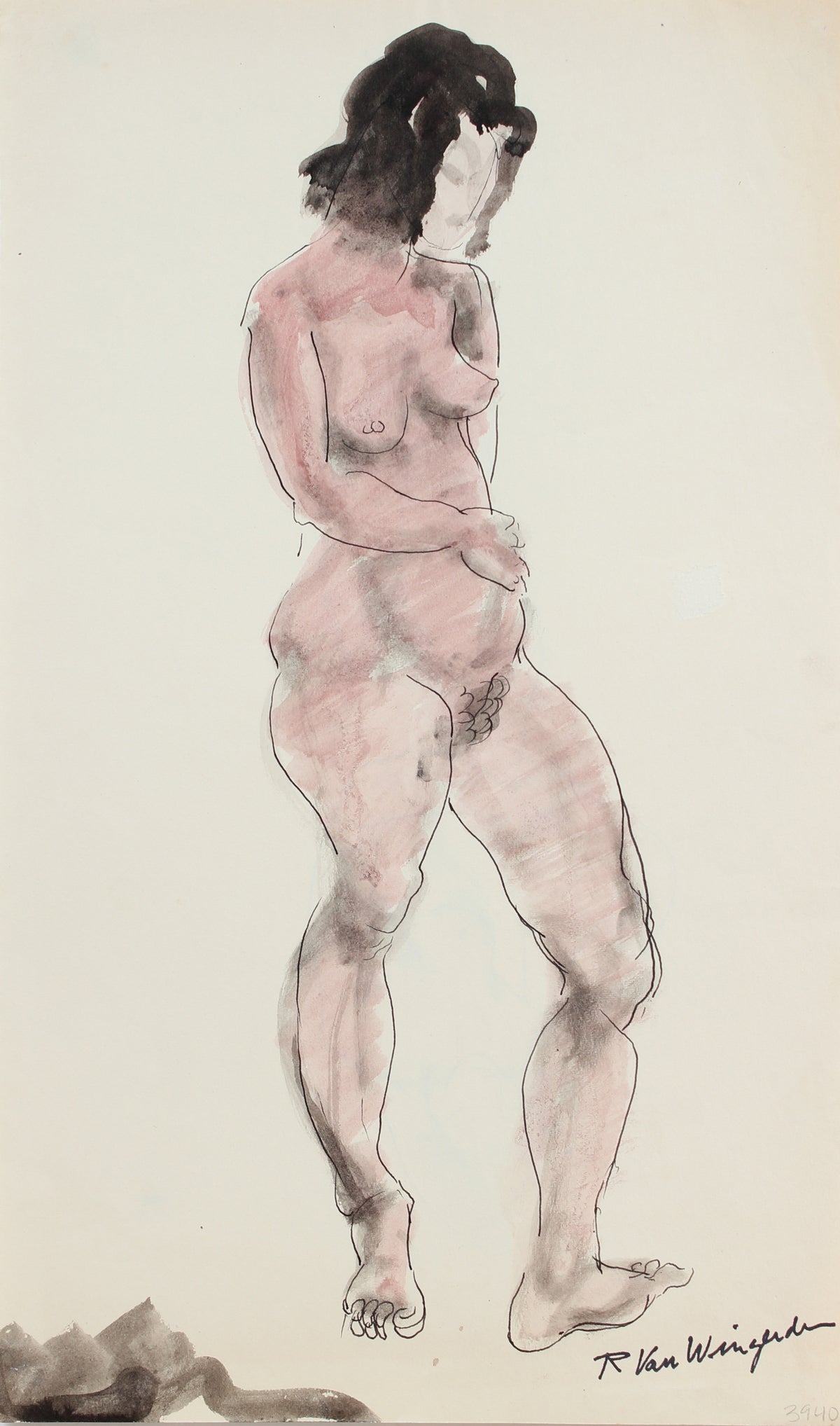 Expressionist Standing Female Nude&lt;br&gt;Mid 20th Century Watercolor and Ink&lt;br&gt;&lt;br&gt;#3940