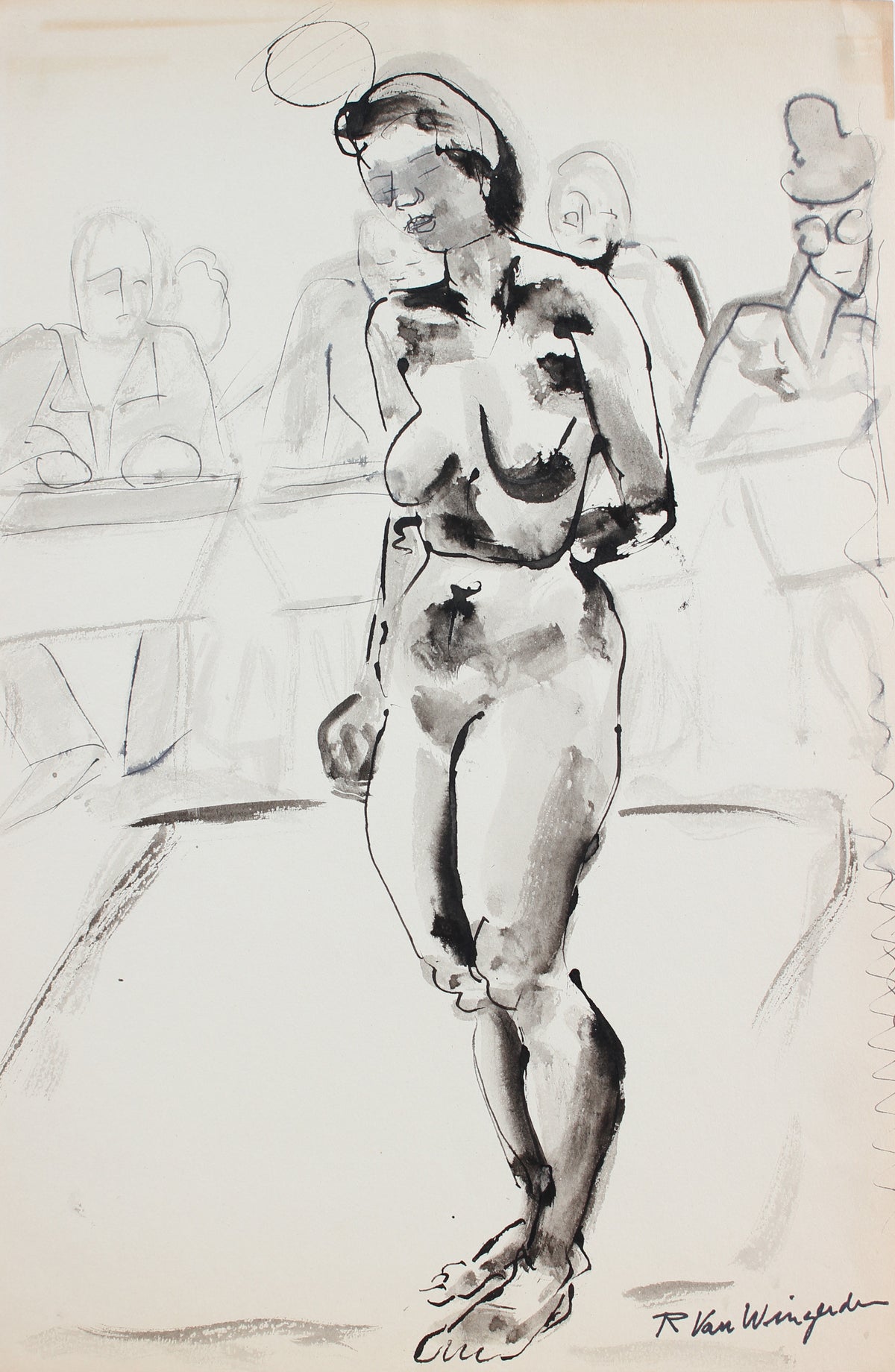 Expressionist Standing Nude Figure Drawing&lt;br&gt;1940-50s Ink and Watercolor&lt;br&gt;&lt;br&gt;#3947