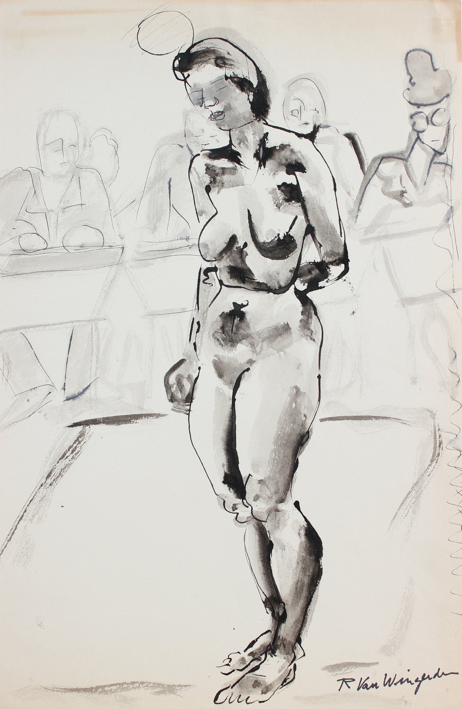 Expressionist Standing Nude Figure Drawing<br>1940-50s Ink and Watercolor<br><br>#3947