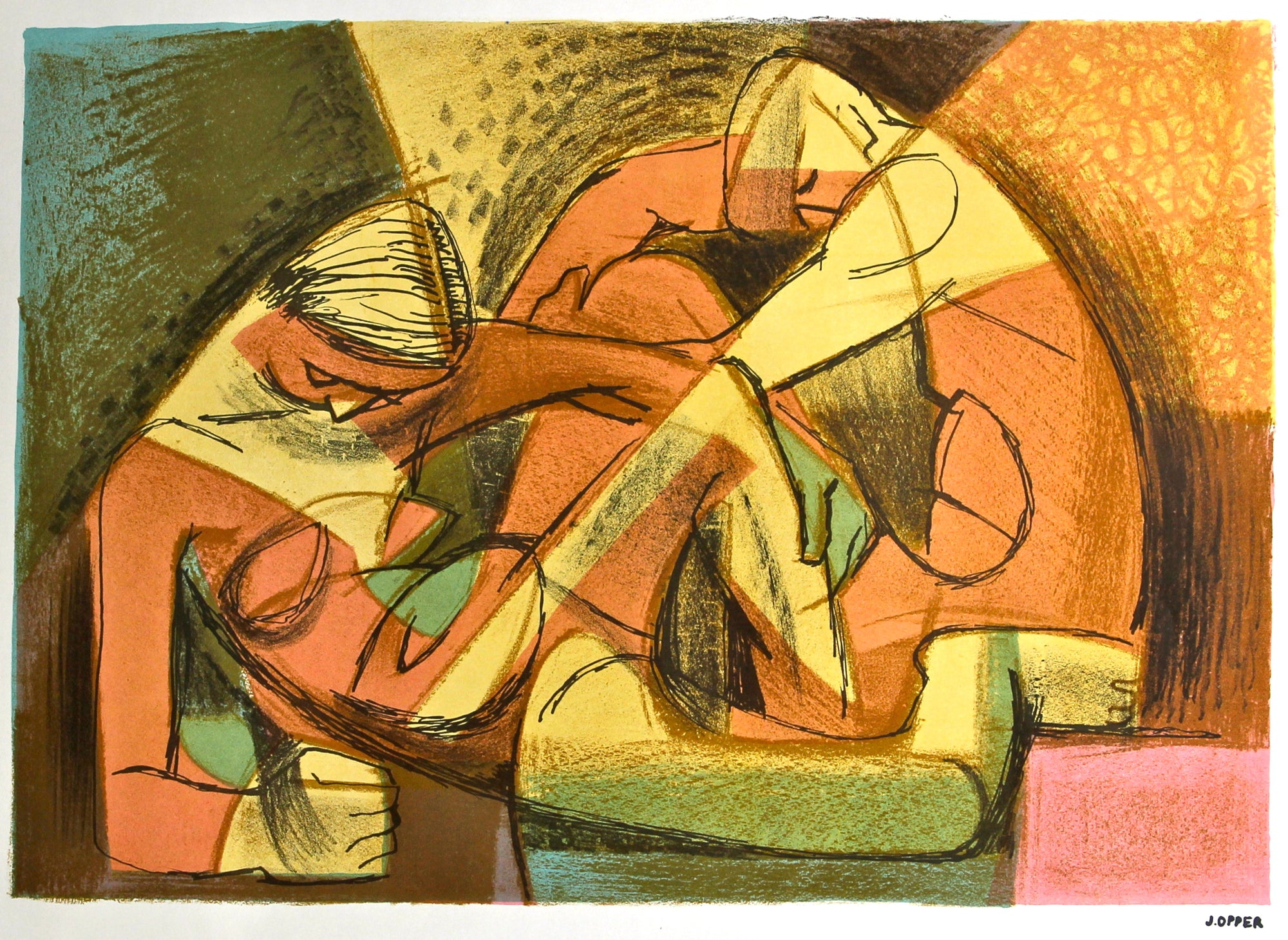 Warm-Toned Figures <br>1940-50s Stone Lithograph<br><br>#40233