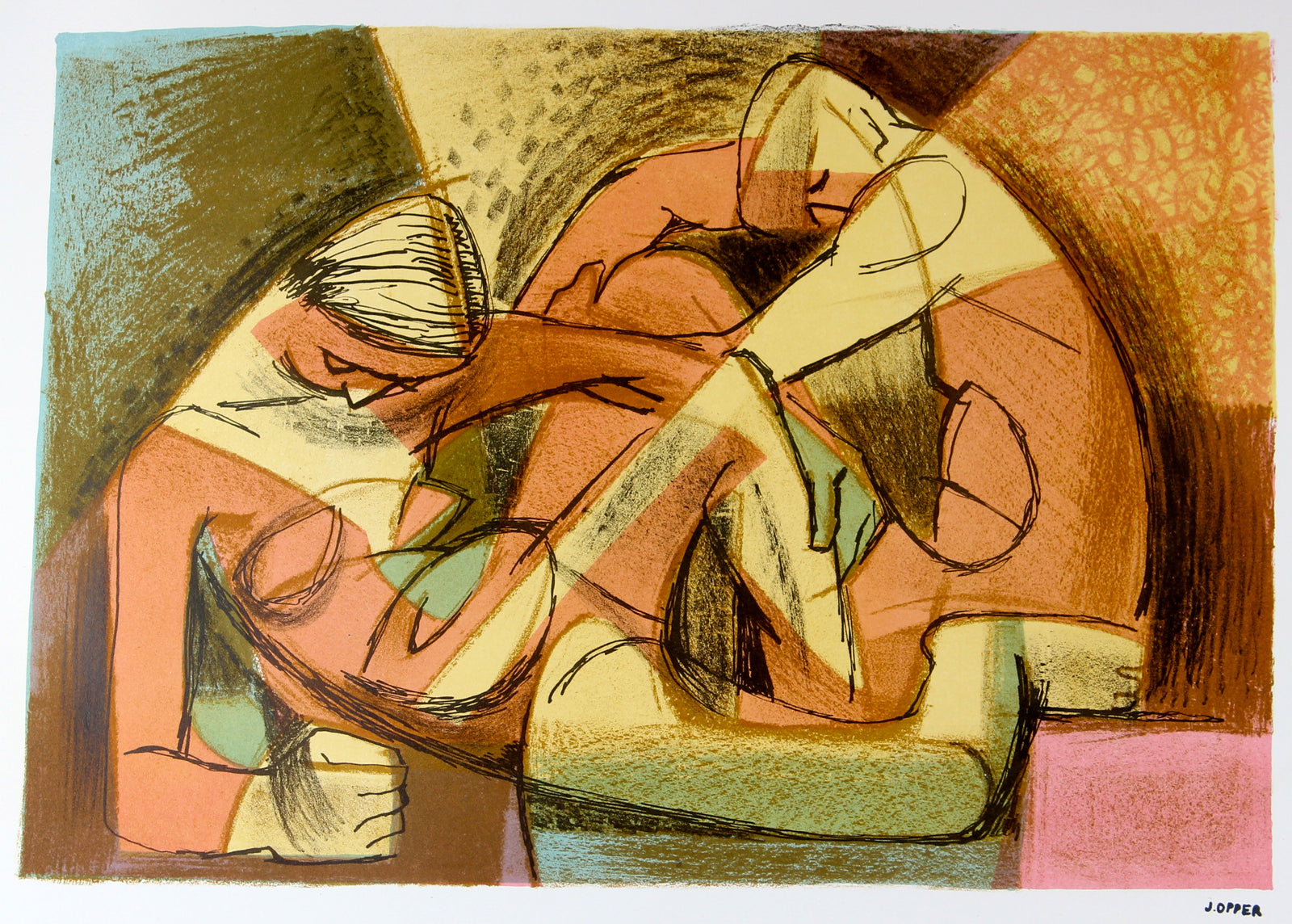 Warm-Toned Figures <br>1940-50s Stone Lithograph<br><br>#41291