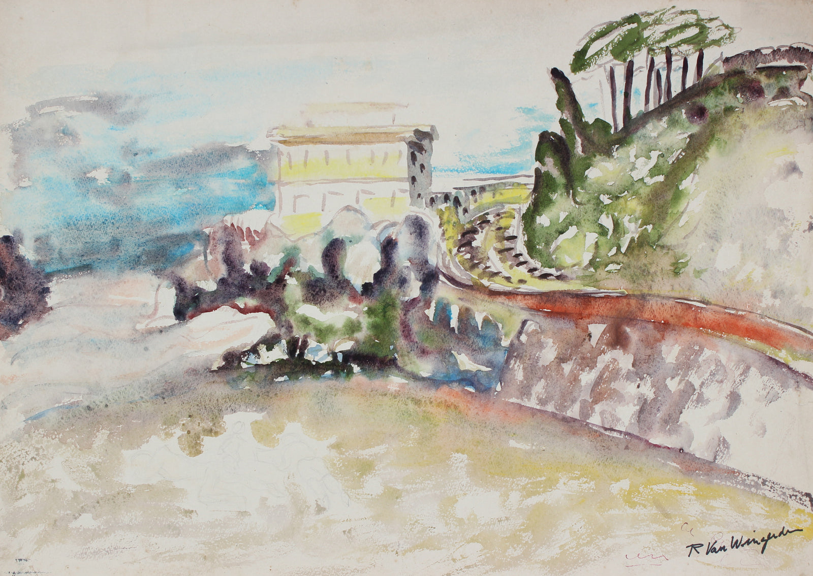 View of Cliff House, San Francisco <br>1940-50s Watercolor <br><br>#4698