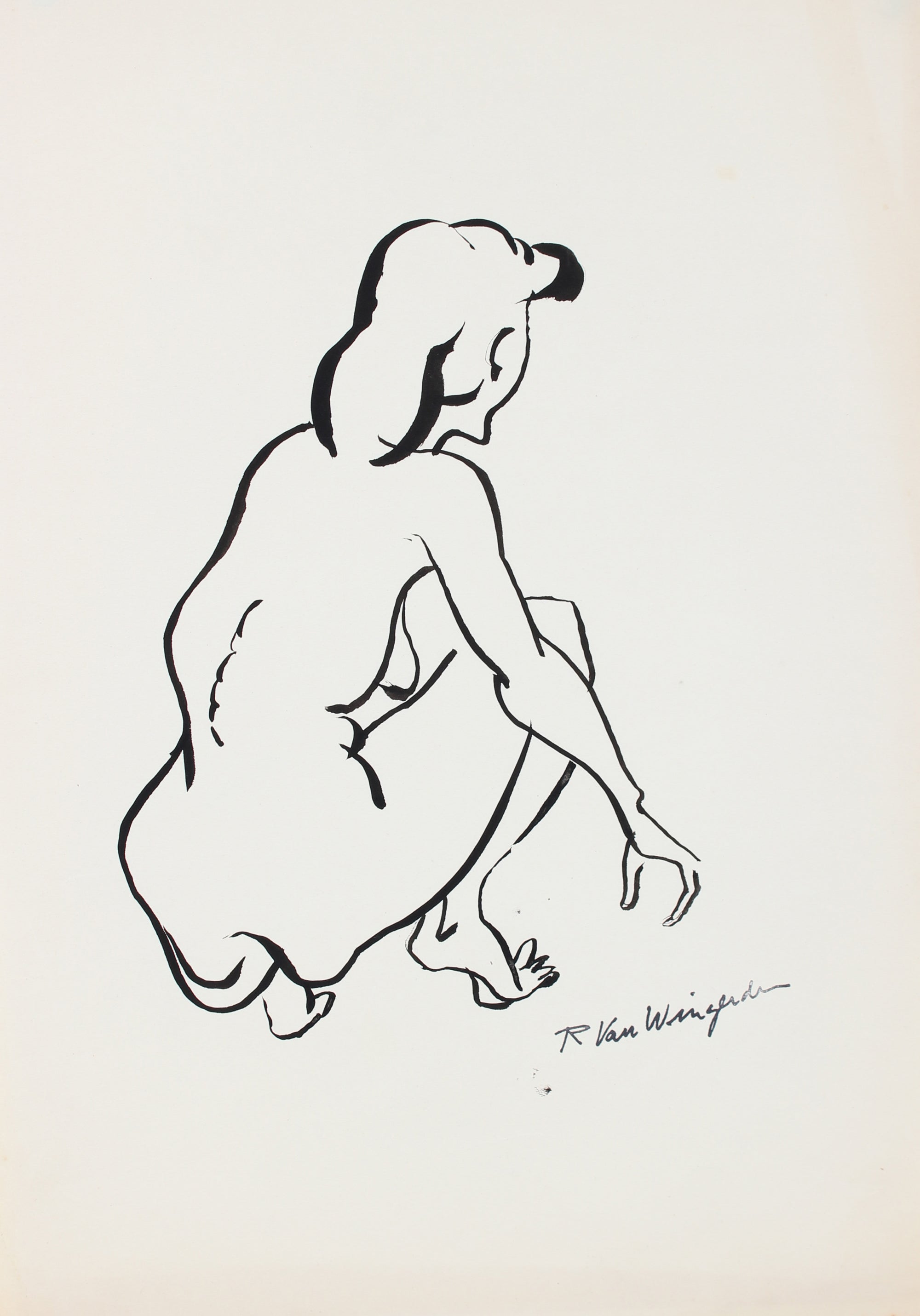 Expressionist Seated Female Nude<br>1940-60s Ink<br><br>#4496