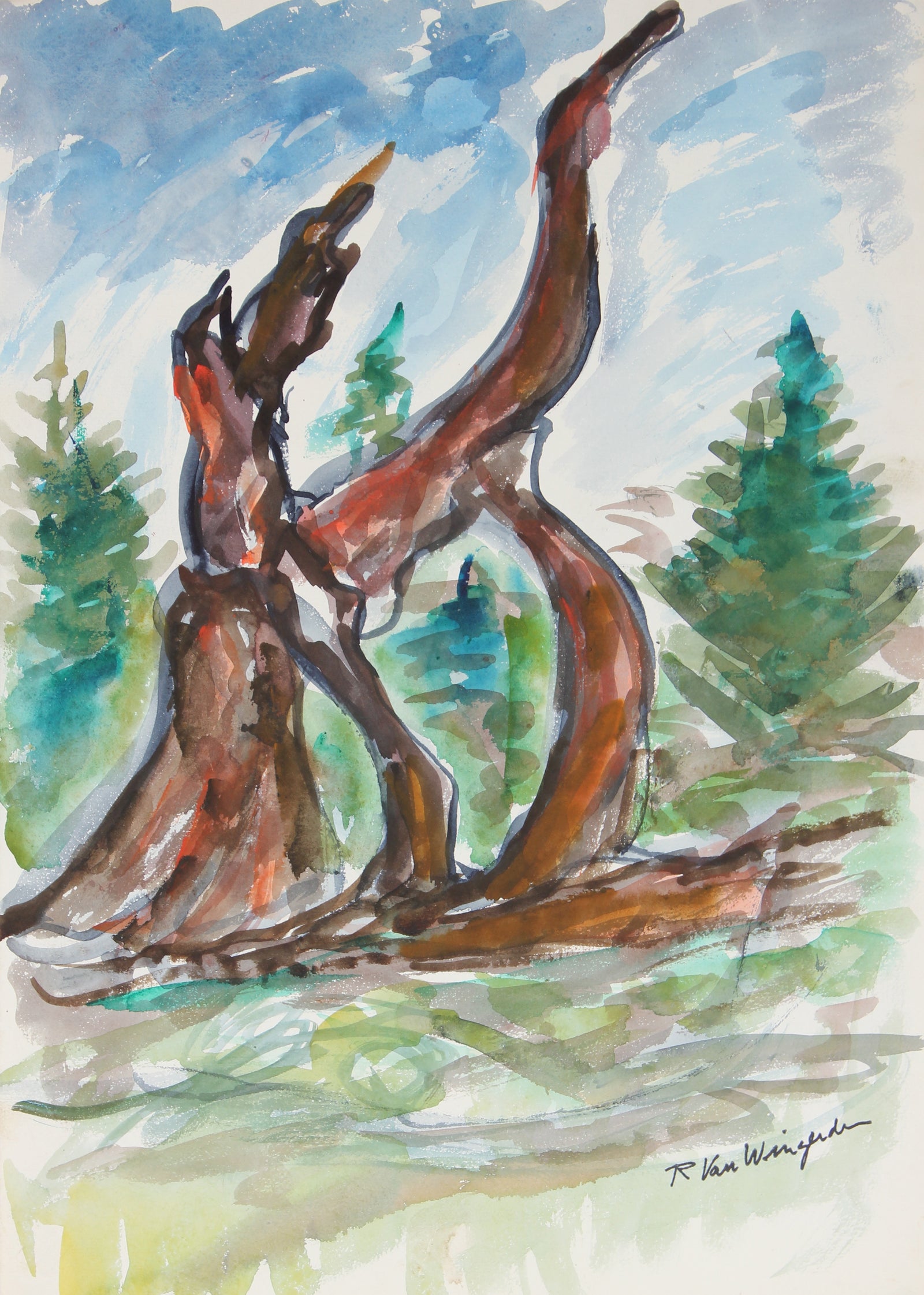 Expressionist Tree Scene <br>Mid Century Watercolor <br><br>#5090