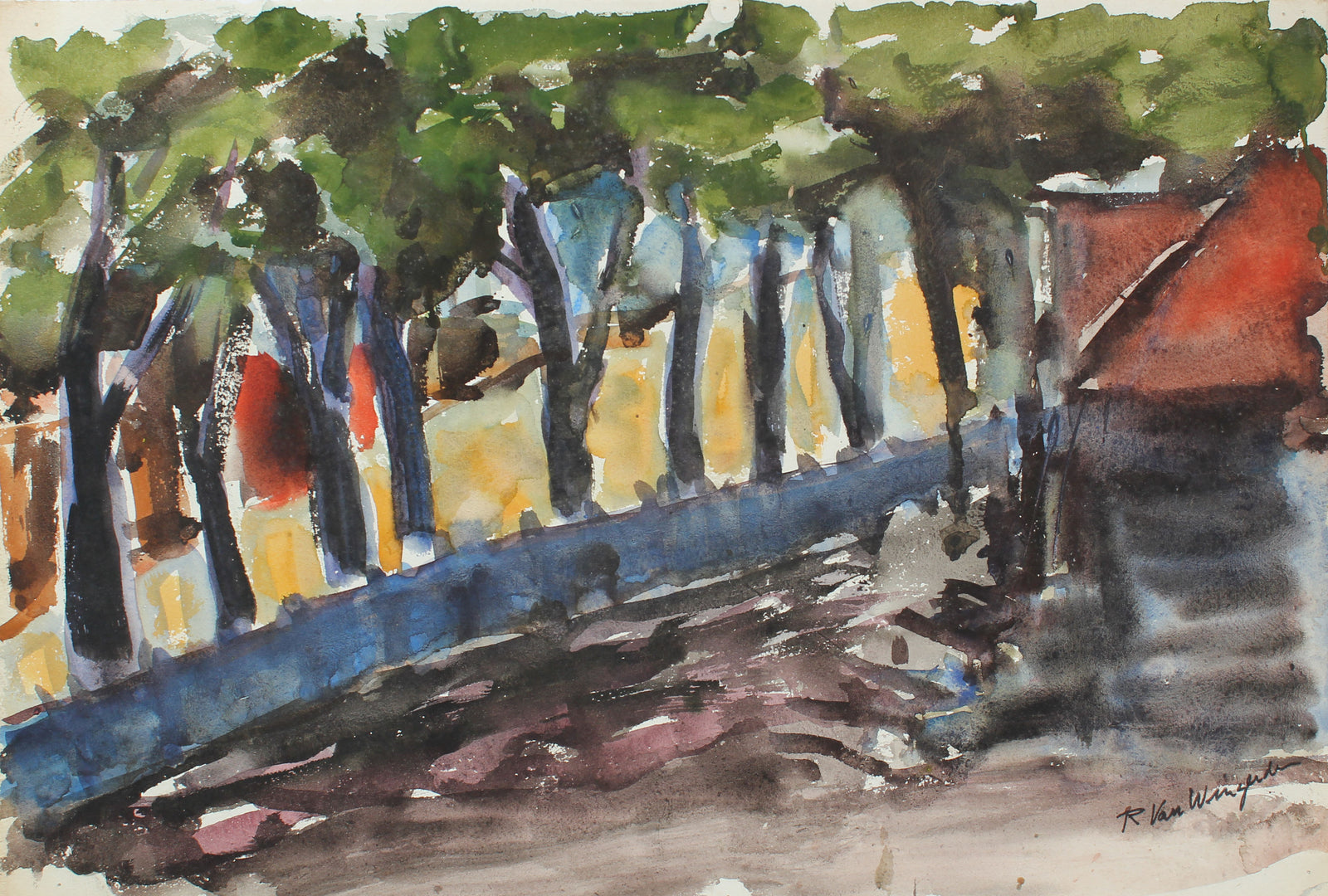 Abstracted California View with Trees <br>1940-50s Watercolor <br><br>#4697