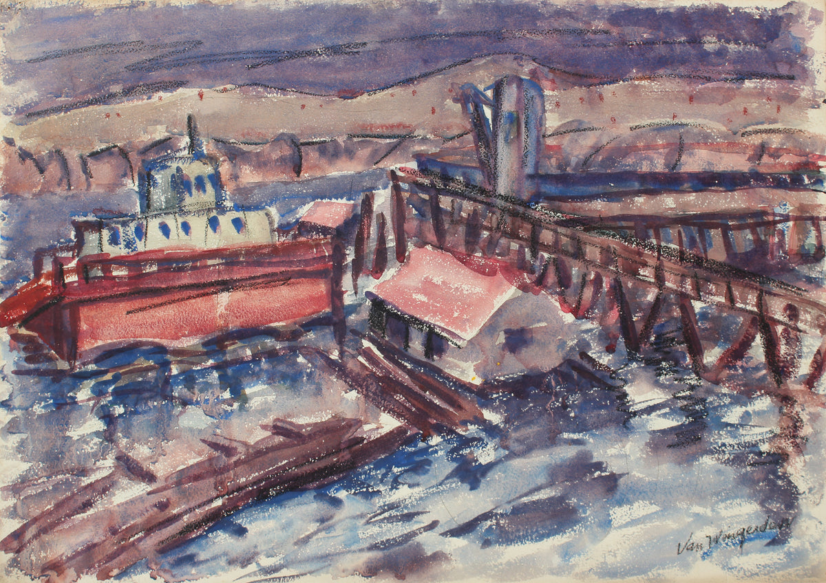 Expressive Harbor Scene <br>Mid Century Watercolor <br><br>#5092