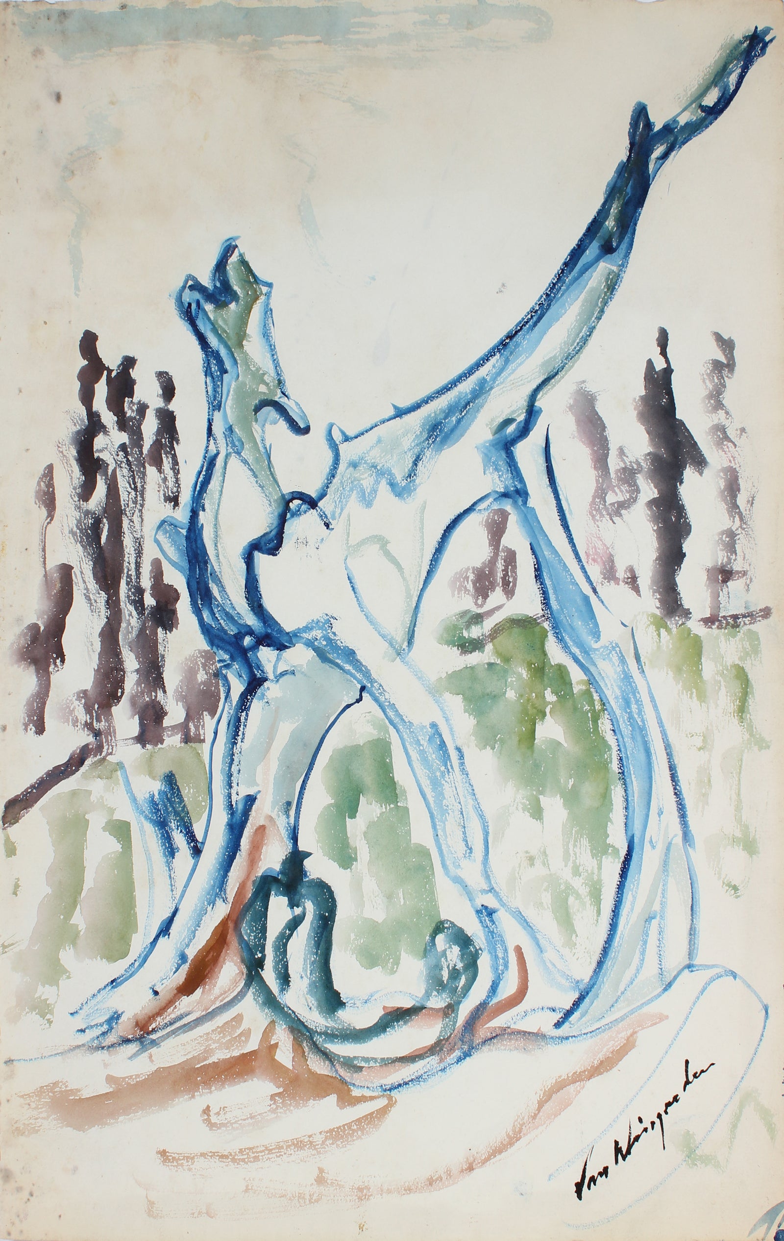 Pale Expressionst Tree <br>Mid Century Watercolor <br><br>#5107
