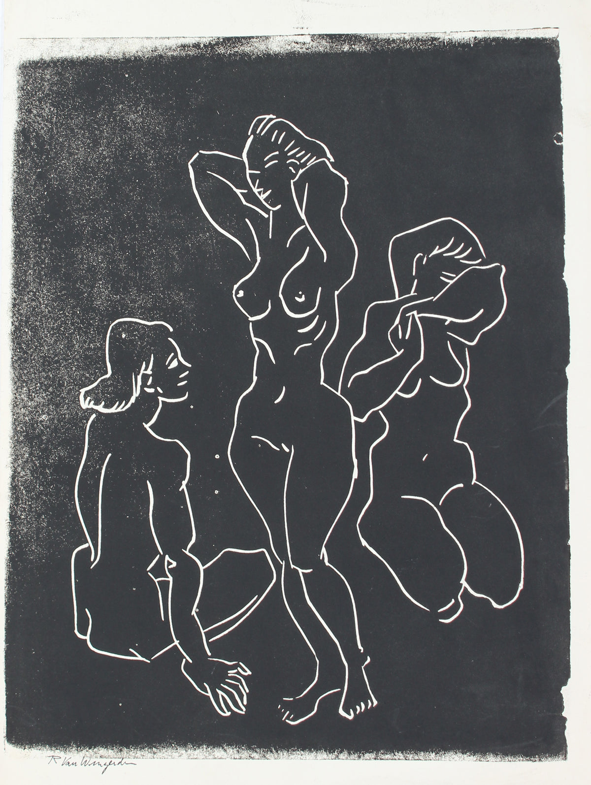 Three Female Nudes <br>Mid Century Linoleum Block Print <br><br>#5267