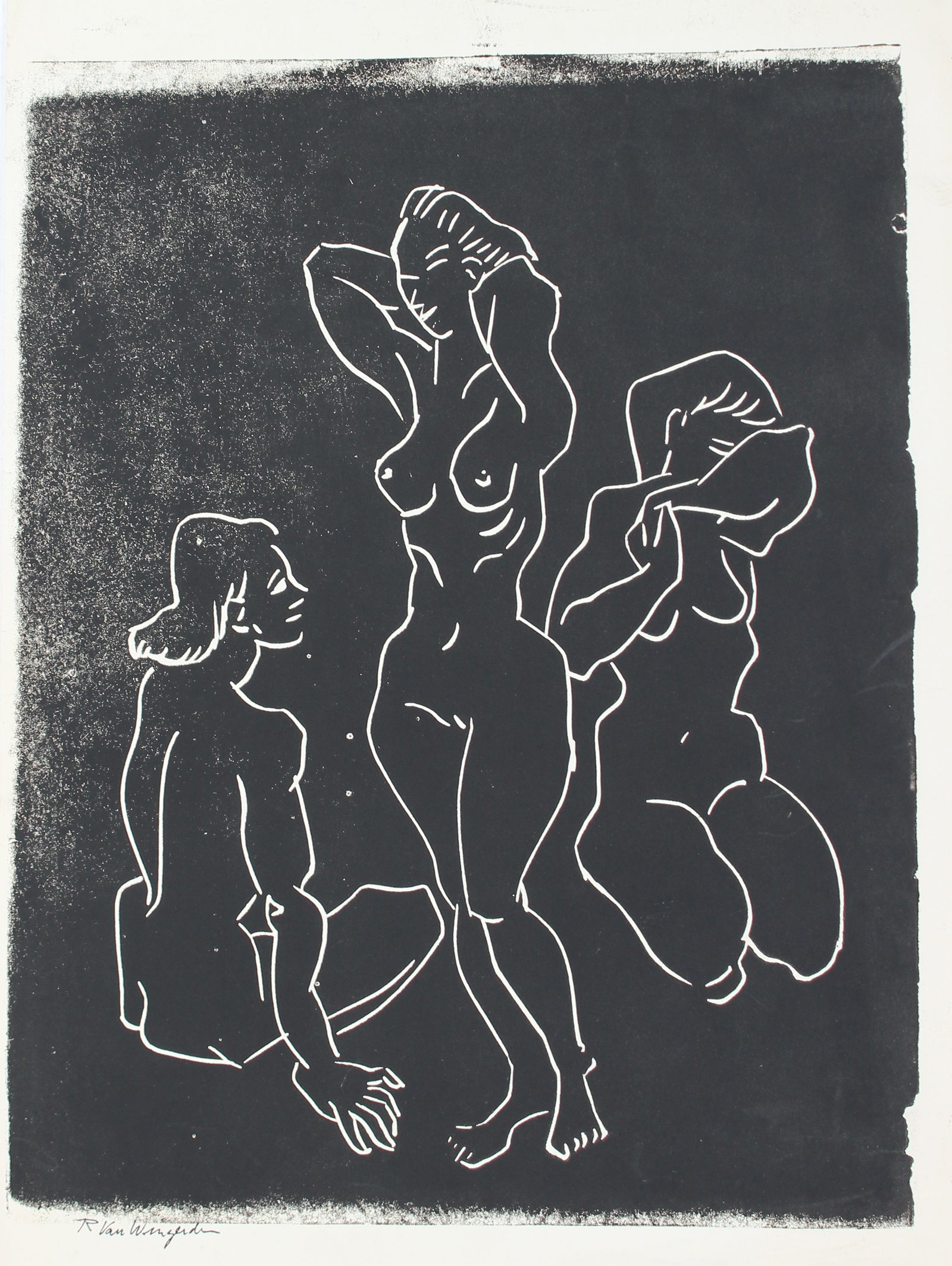 Three Female Nudes <br>Mid Century Linoleum Block Print <br><br>#5267