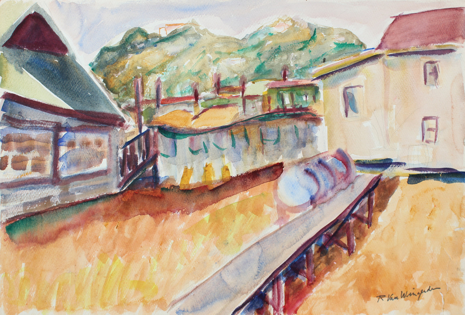 Expressionist Rural California Landscape <br>1940-60s Watercolor <br><br>#5119