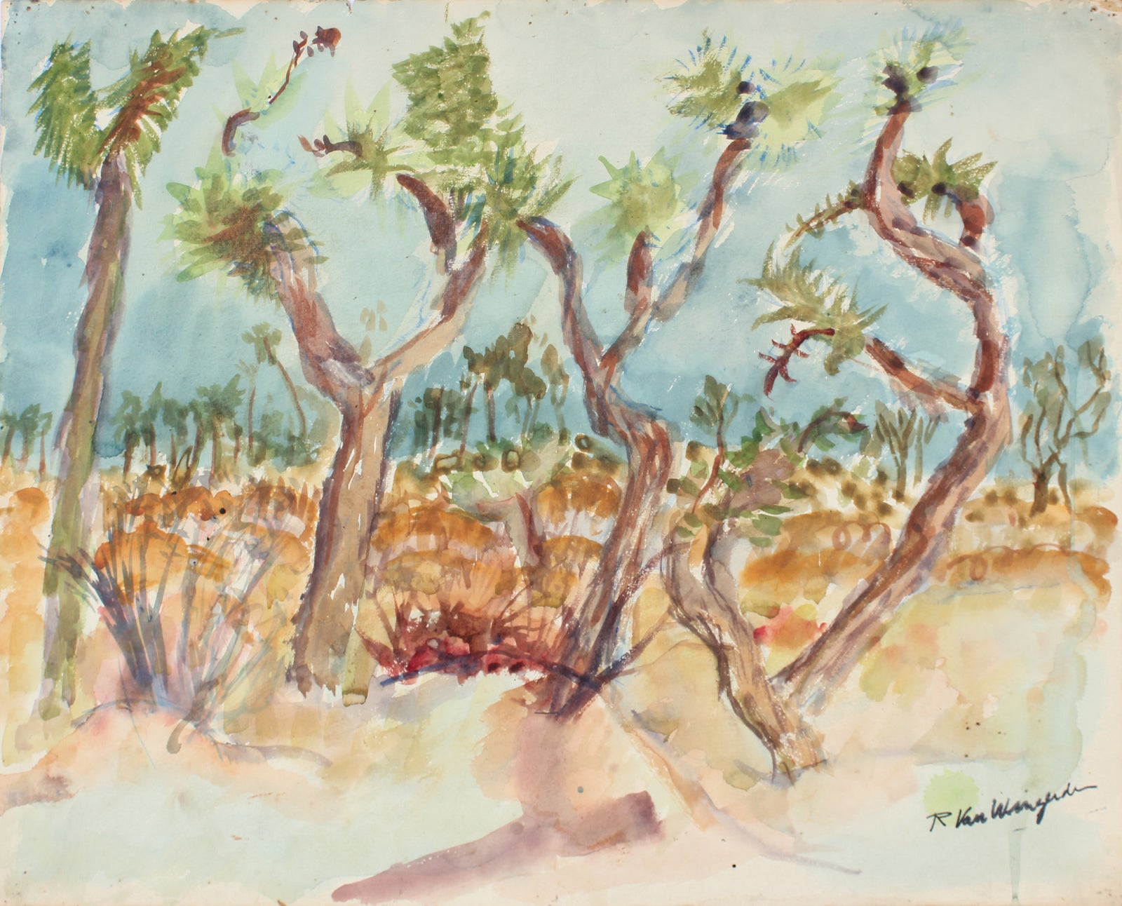 Desertscape with Joshua Trees <br>Mid Century Watercolor <br><br>#5137