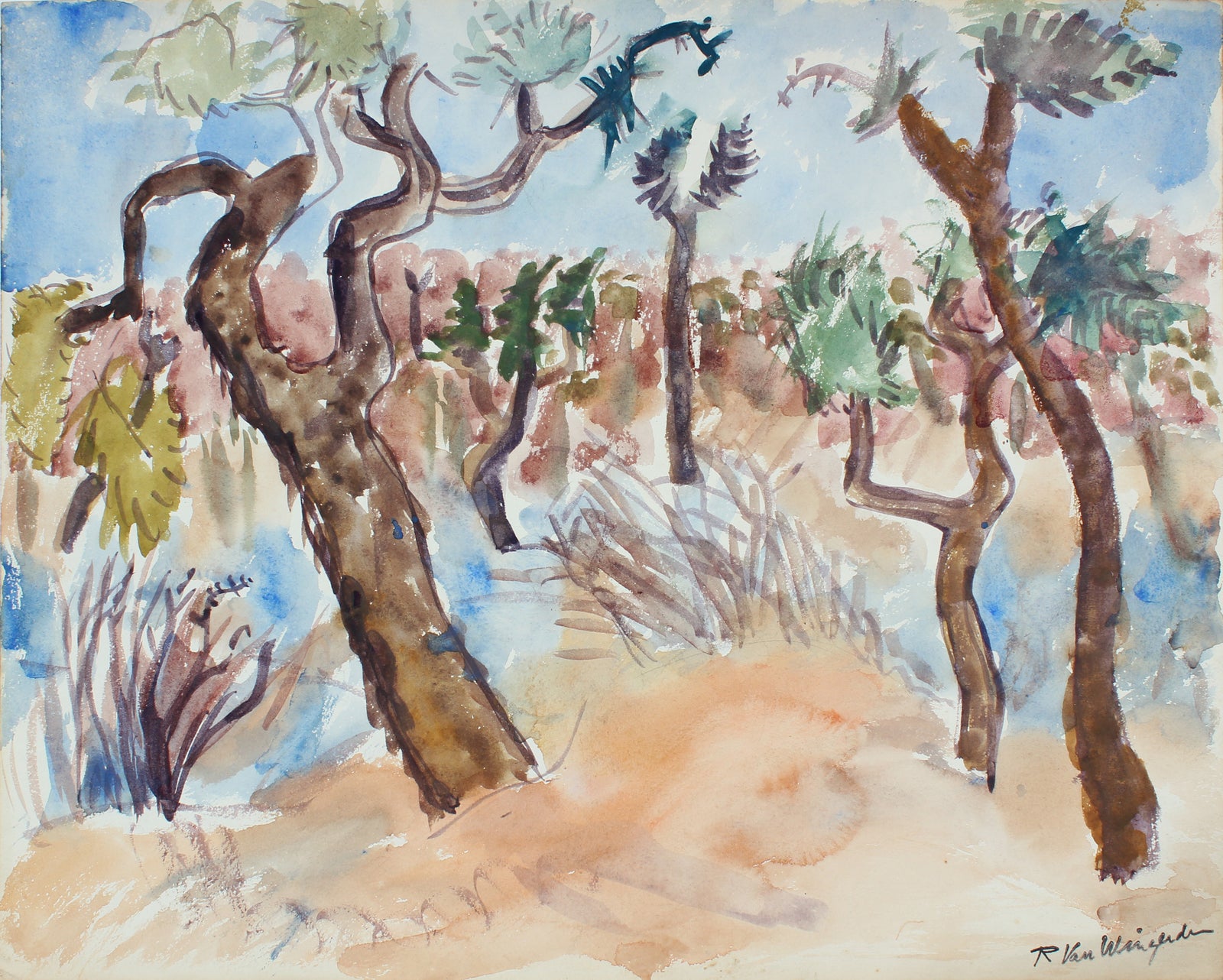 Desertscape with Joshua Trees <br>Mid Century Watercolor <br><br>#5146
