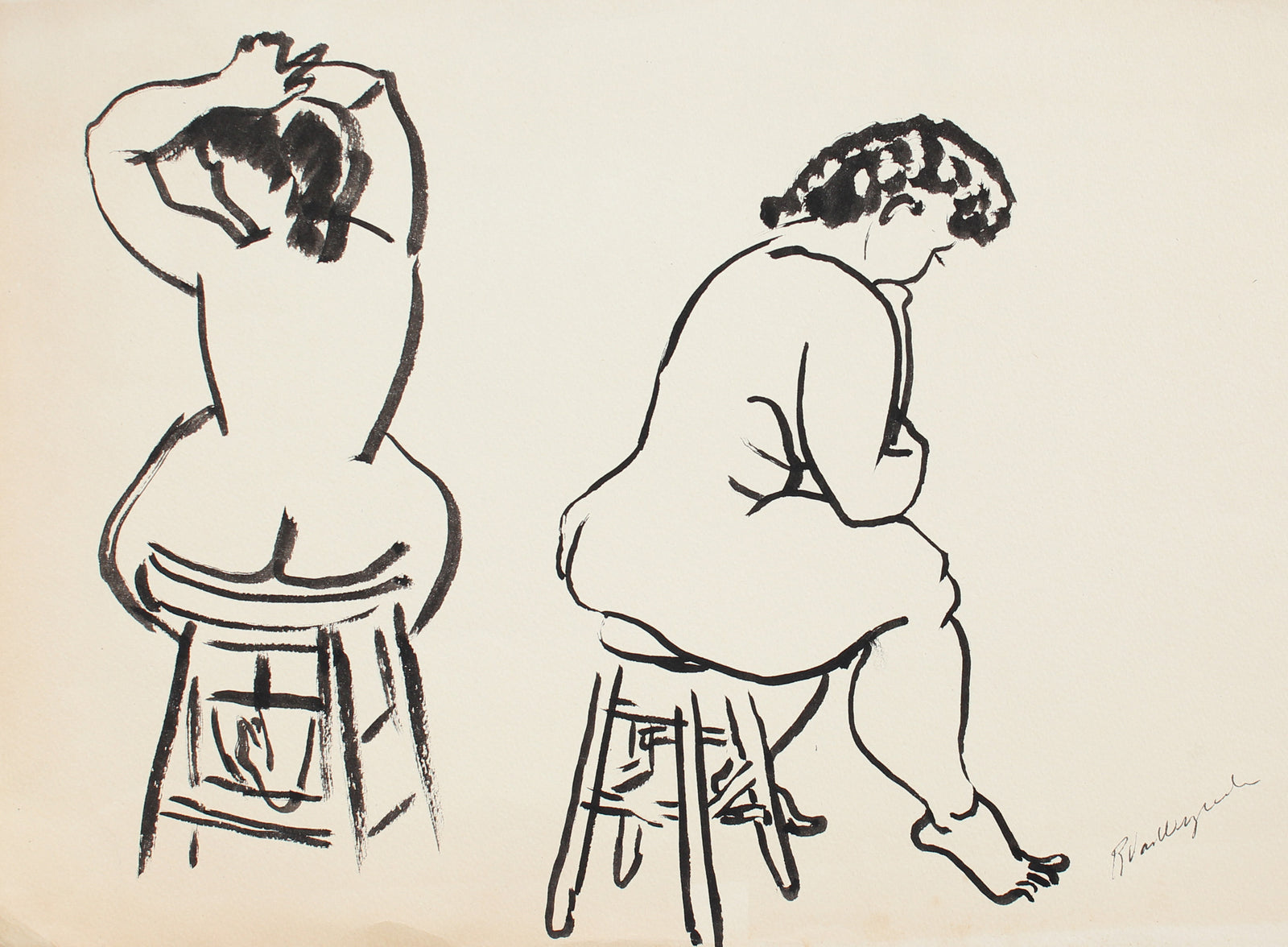 Expressionist Seated Female Nude<br>Mid 20th Century Ink<br><br>#5422