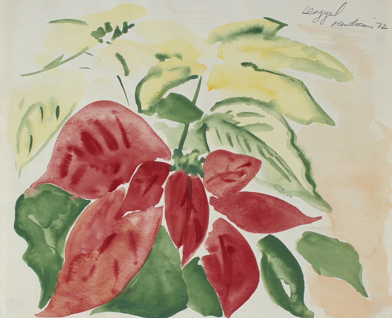 Poinsettia House Plant Still Life <br>1972 Watercolor <br><br>#56815