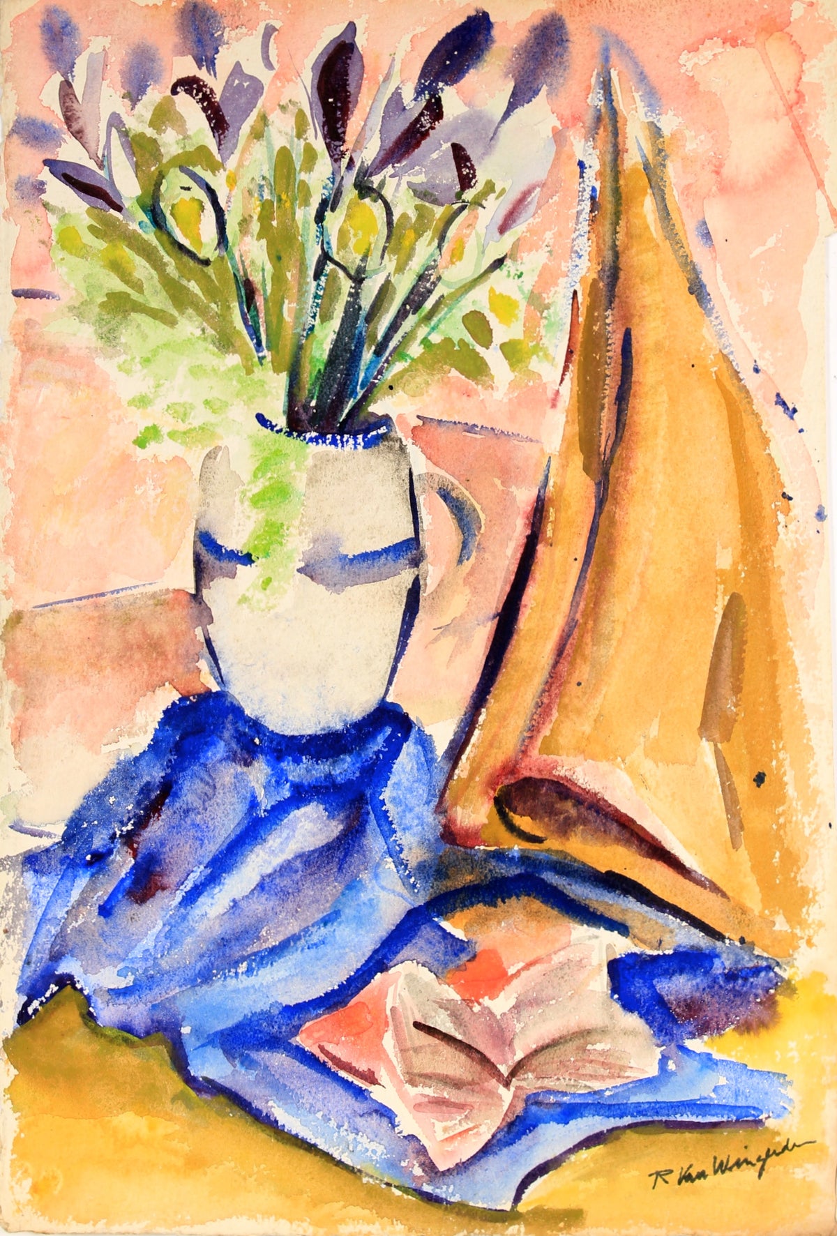 California Expressionist Still Life <br>1940-50s Watercolor <br><br>#5123