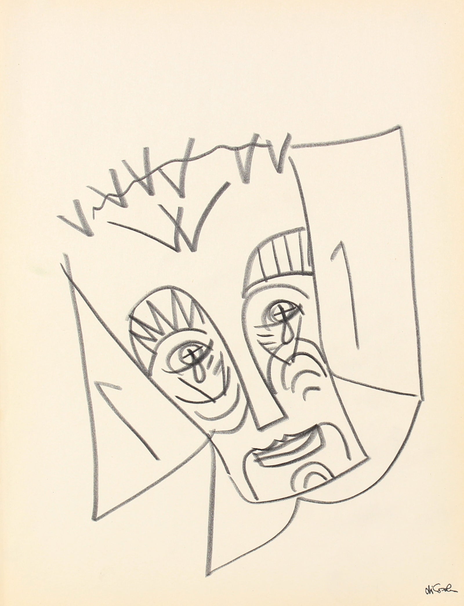 Surreal Abstracted Face <br>Late 20th Century Graphite <br><br>#83376