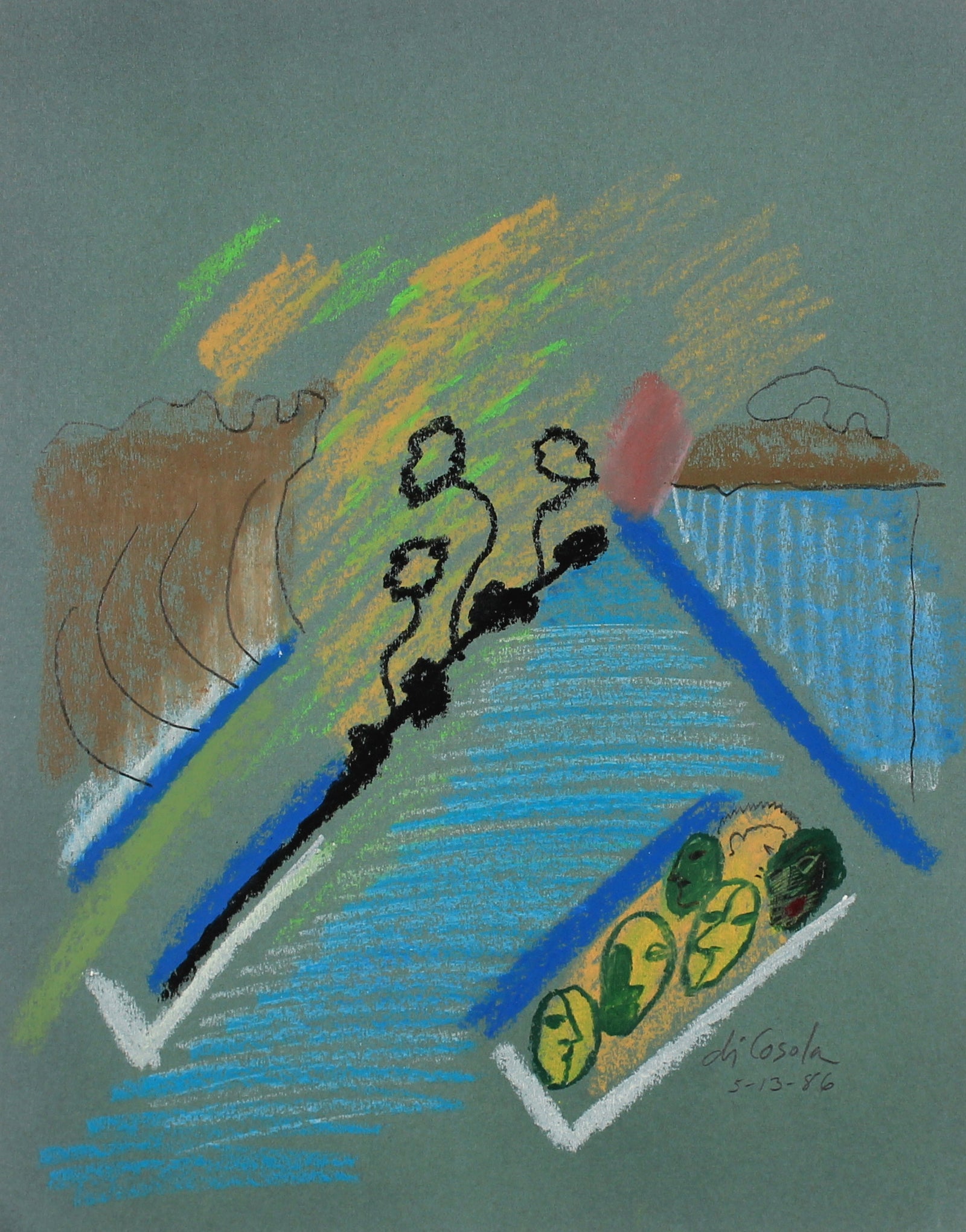 Teal Surrealist Abstract<br>1986 Oil Pastel and Graphite<br><br>#83841