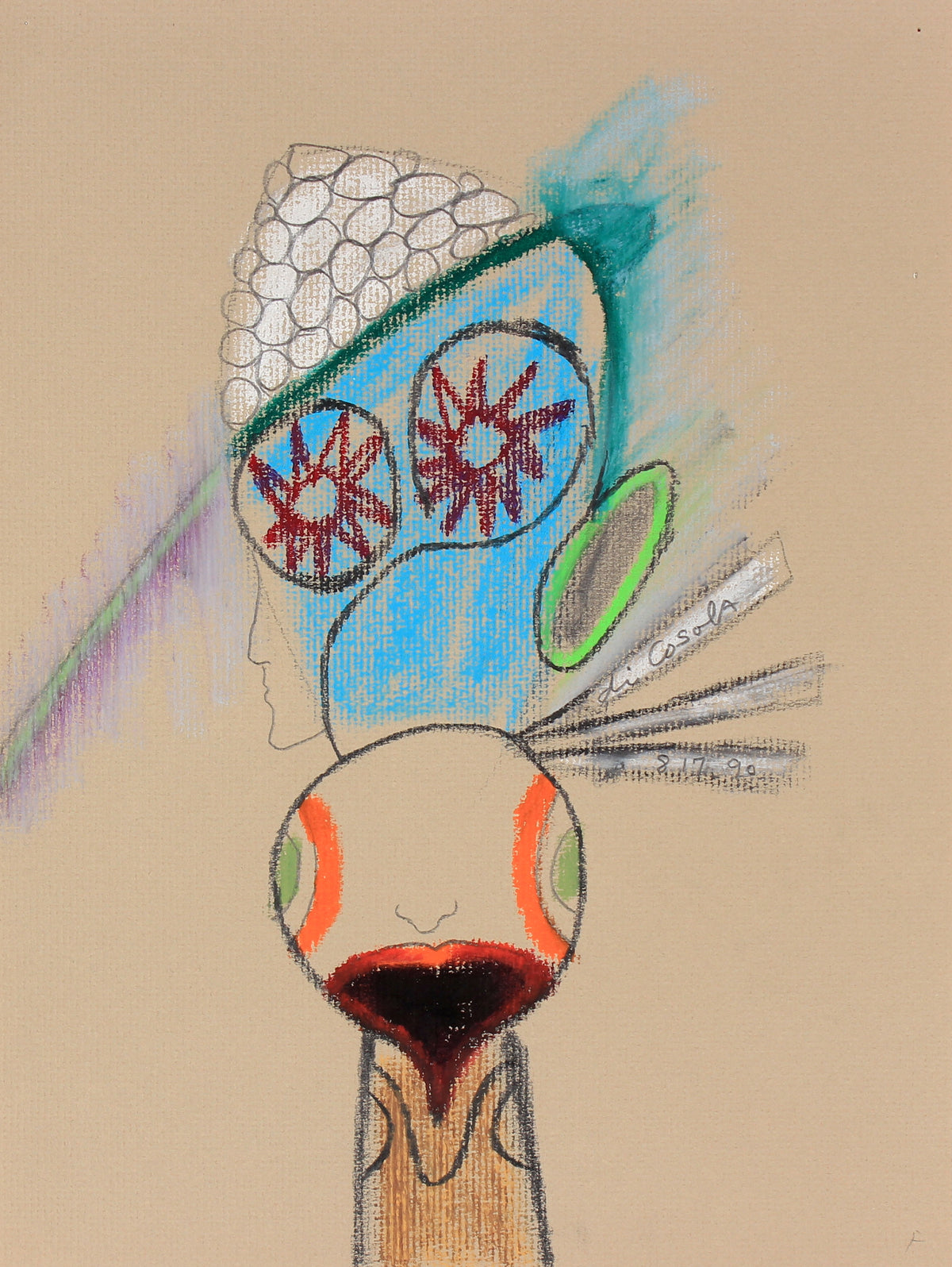 Baby Blue &amp; Tan Surrealist Abstract &lt;br&gt;1990 Oil Pastel and Graphite &lt;br&gt;&lt;br&gt;#83922