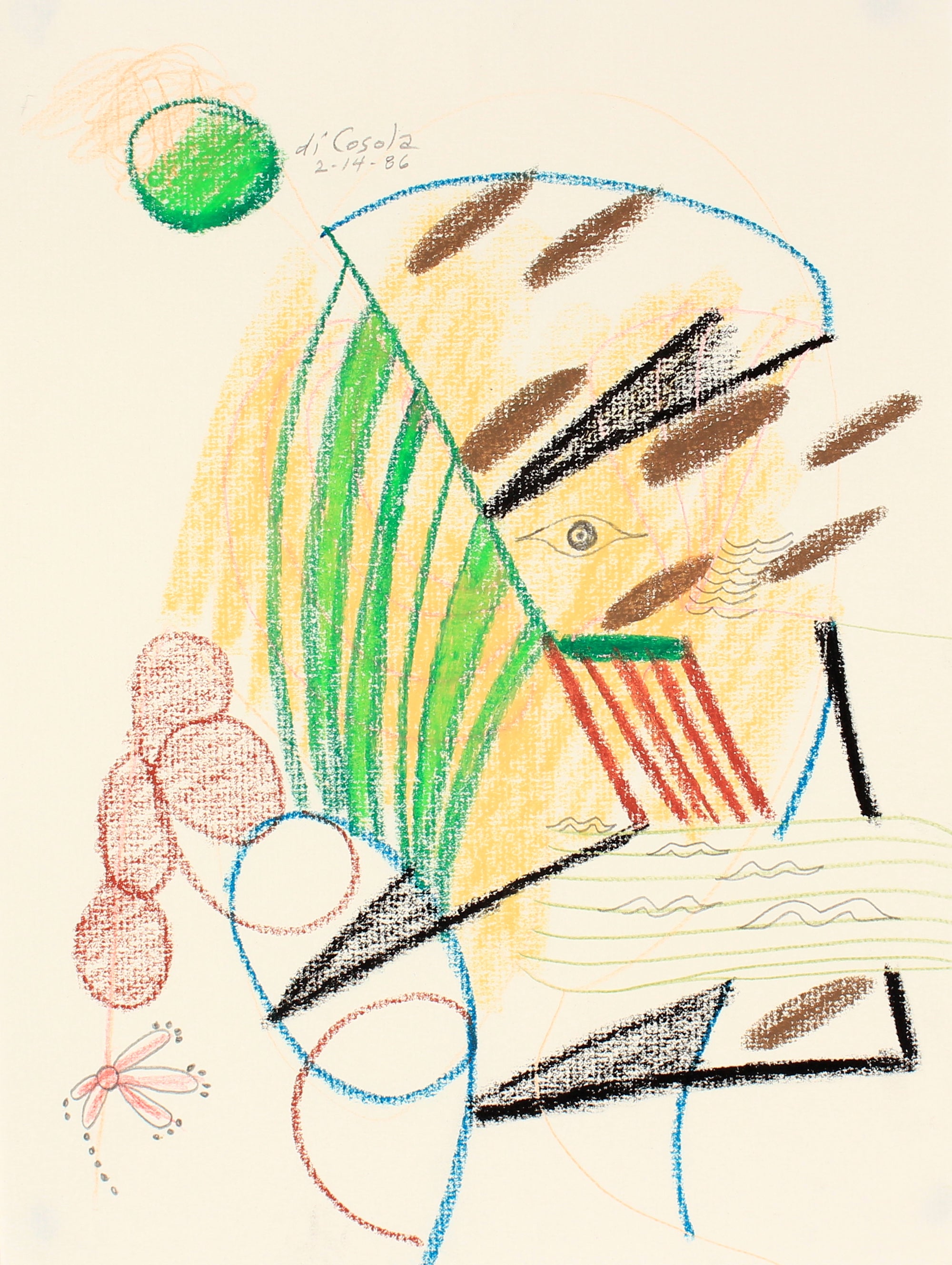 Geometirc Surrealist Abstract <br>1986 Oil Pastel and Graphite <br><br>#83923